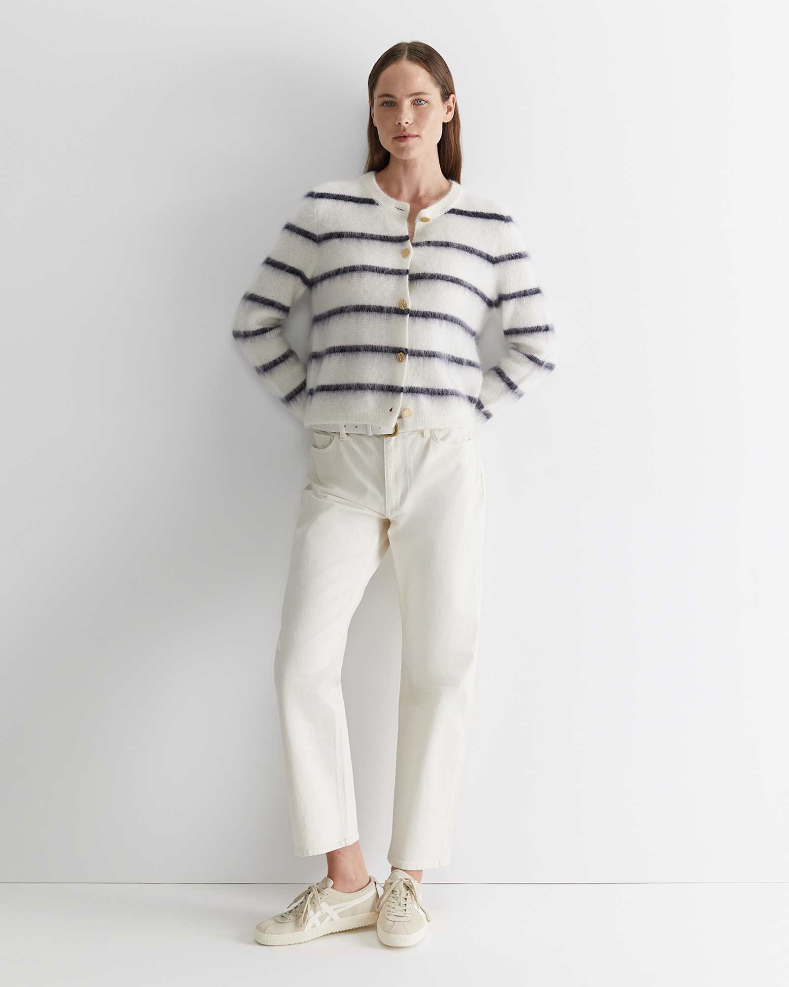 Tatiana Mohair Stripe Cardigan in WHITE/NAVY