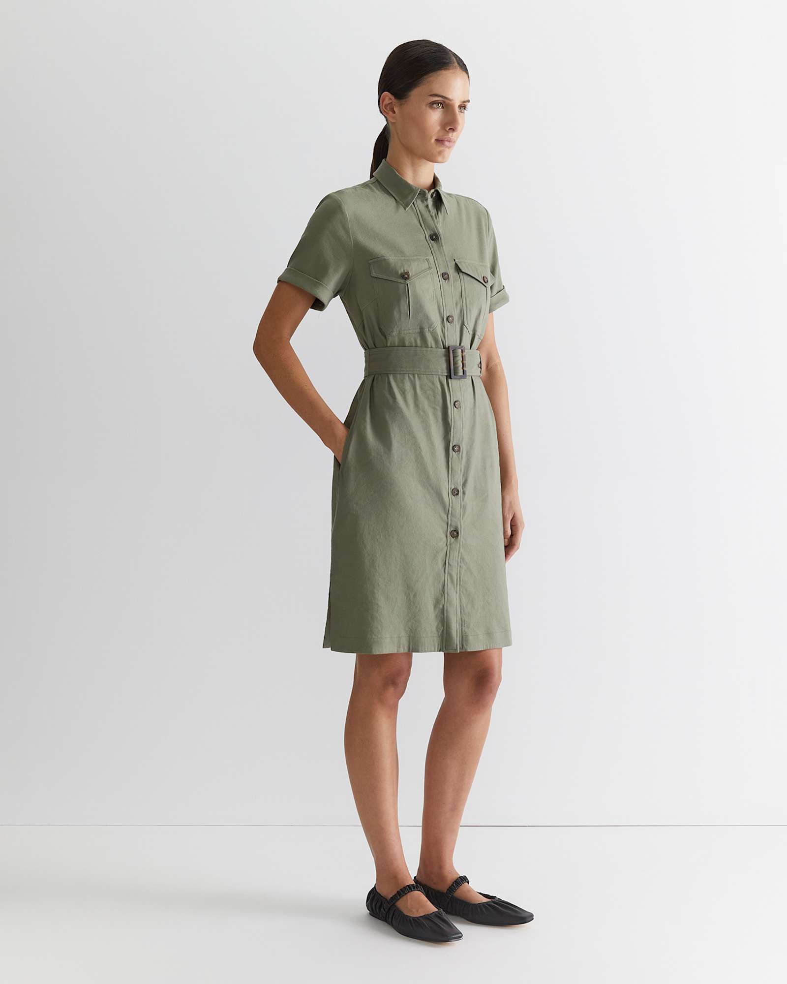 Rosa Belted Shirt Dress in KHAKI