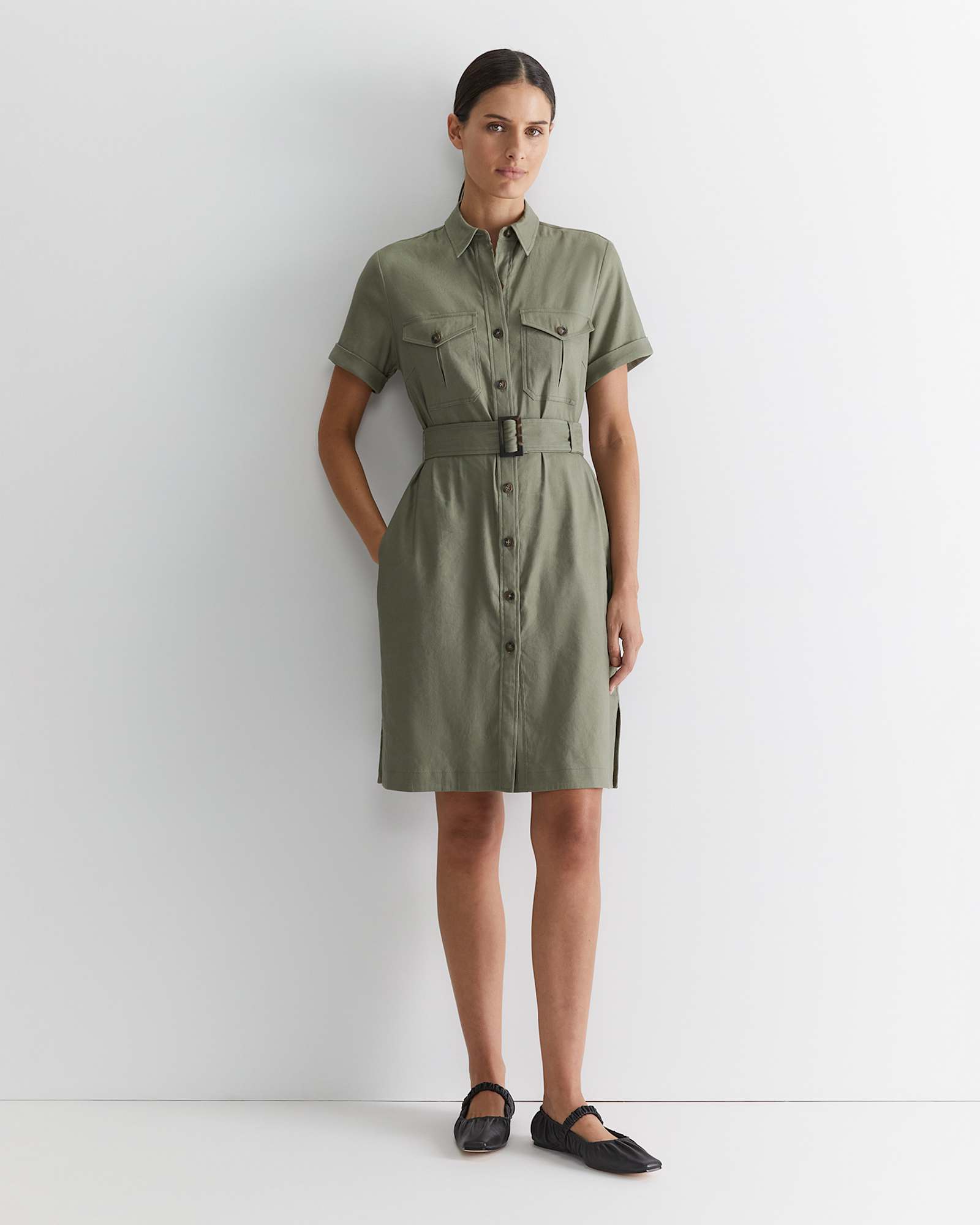Rosa Belted Shirt Dress in KHAKI