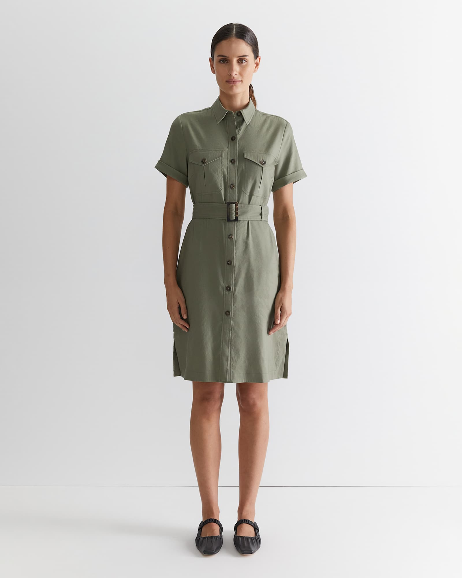 Rosa Belted Shirt Dress in KHAKI