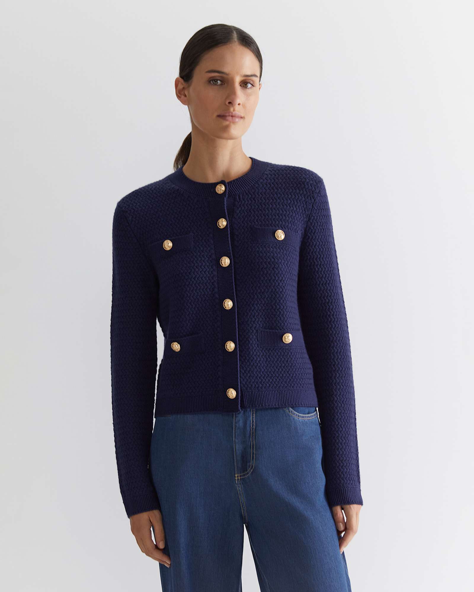 Joyce Merino Wool Cardigan in NAVY