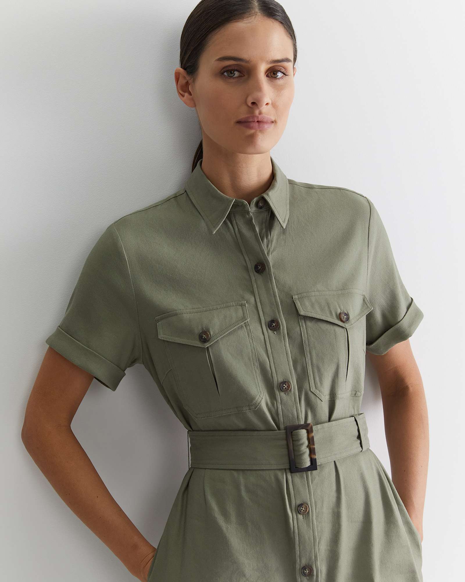 Rosa Belted Shirt Dress in KHAKI