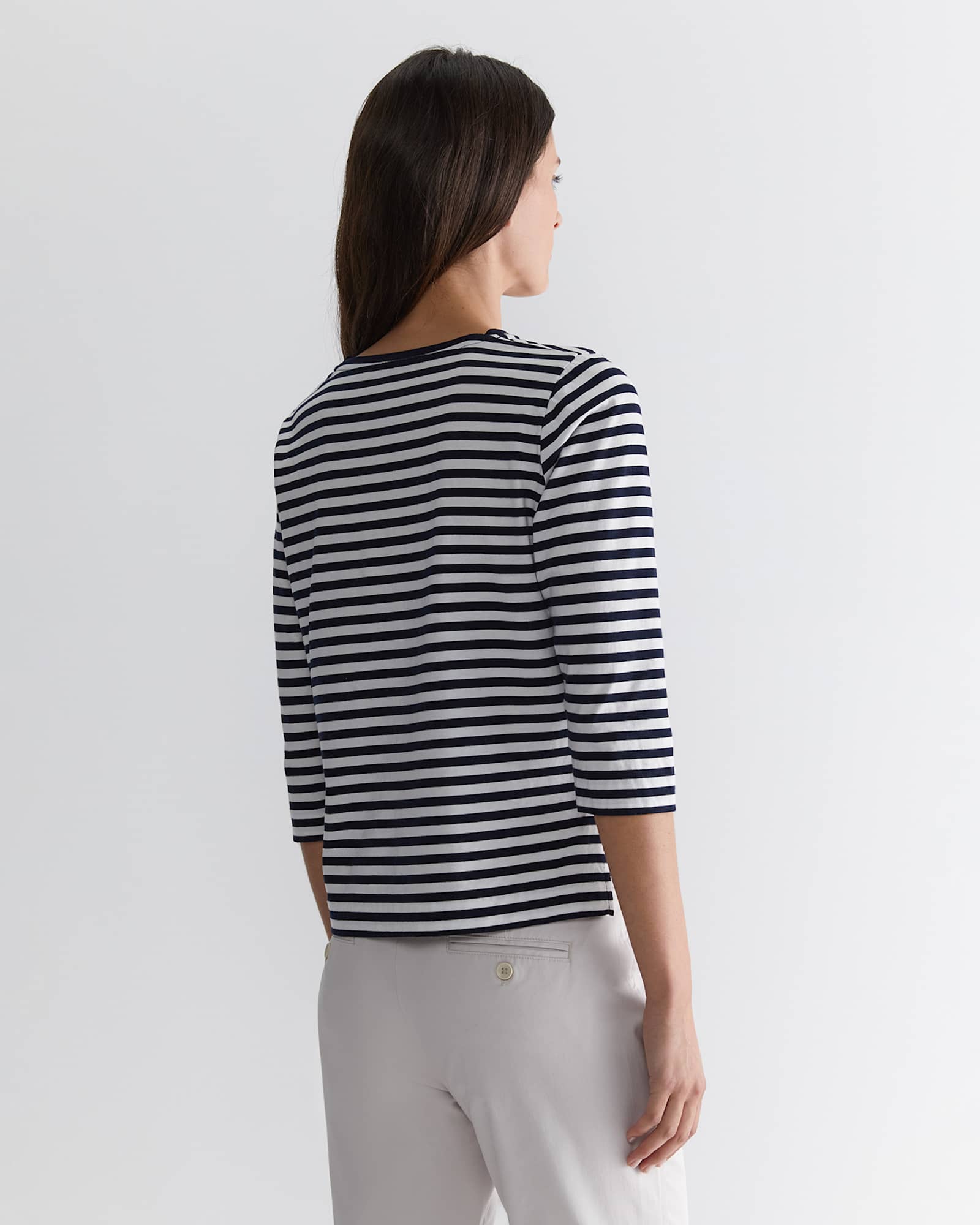 Cotton Crew 3 Quarter Sleeve T-Shirt in NAVY/WHITE