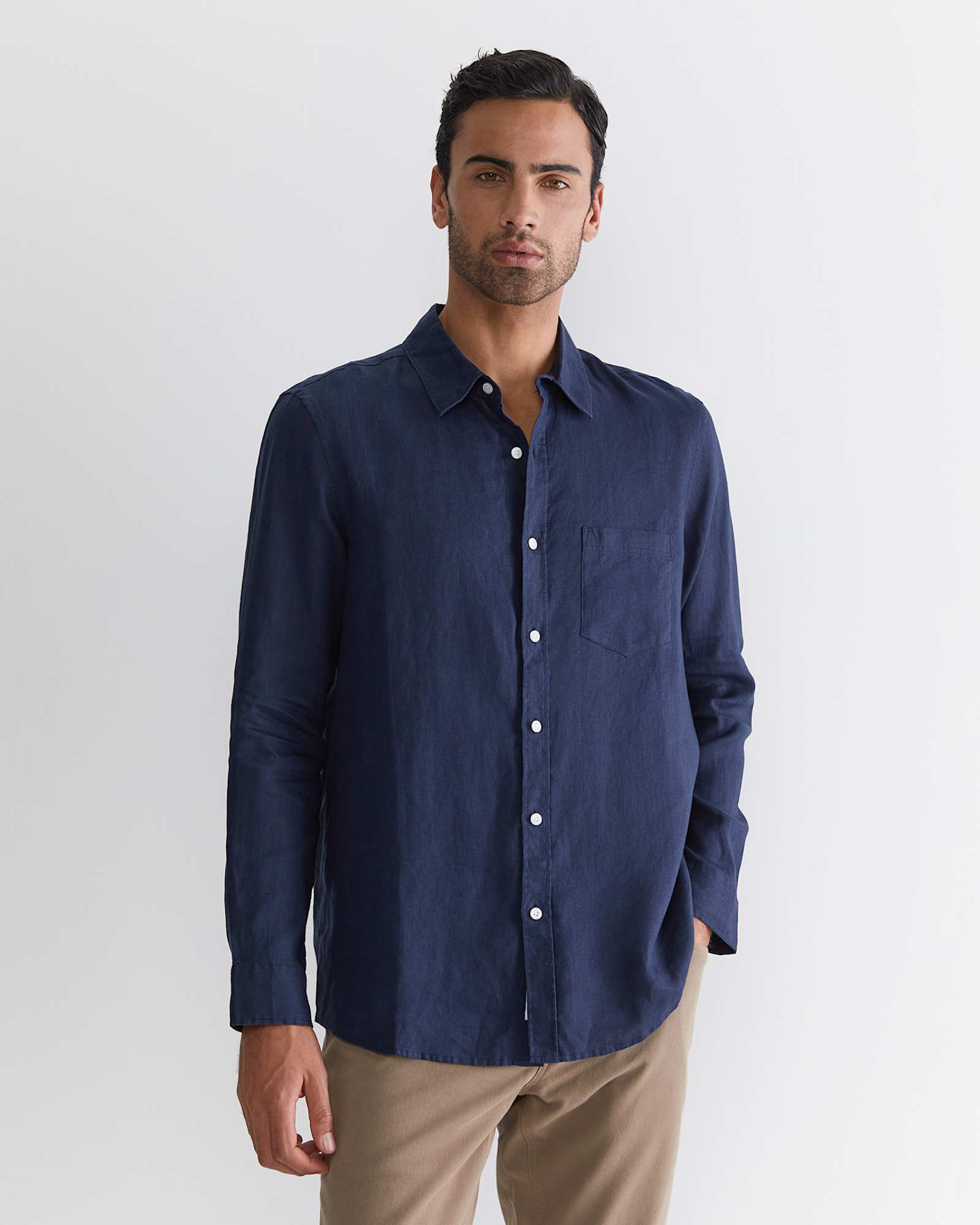 Long Sleeve Linen Shirt in NAVY