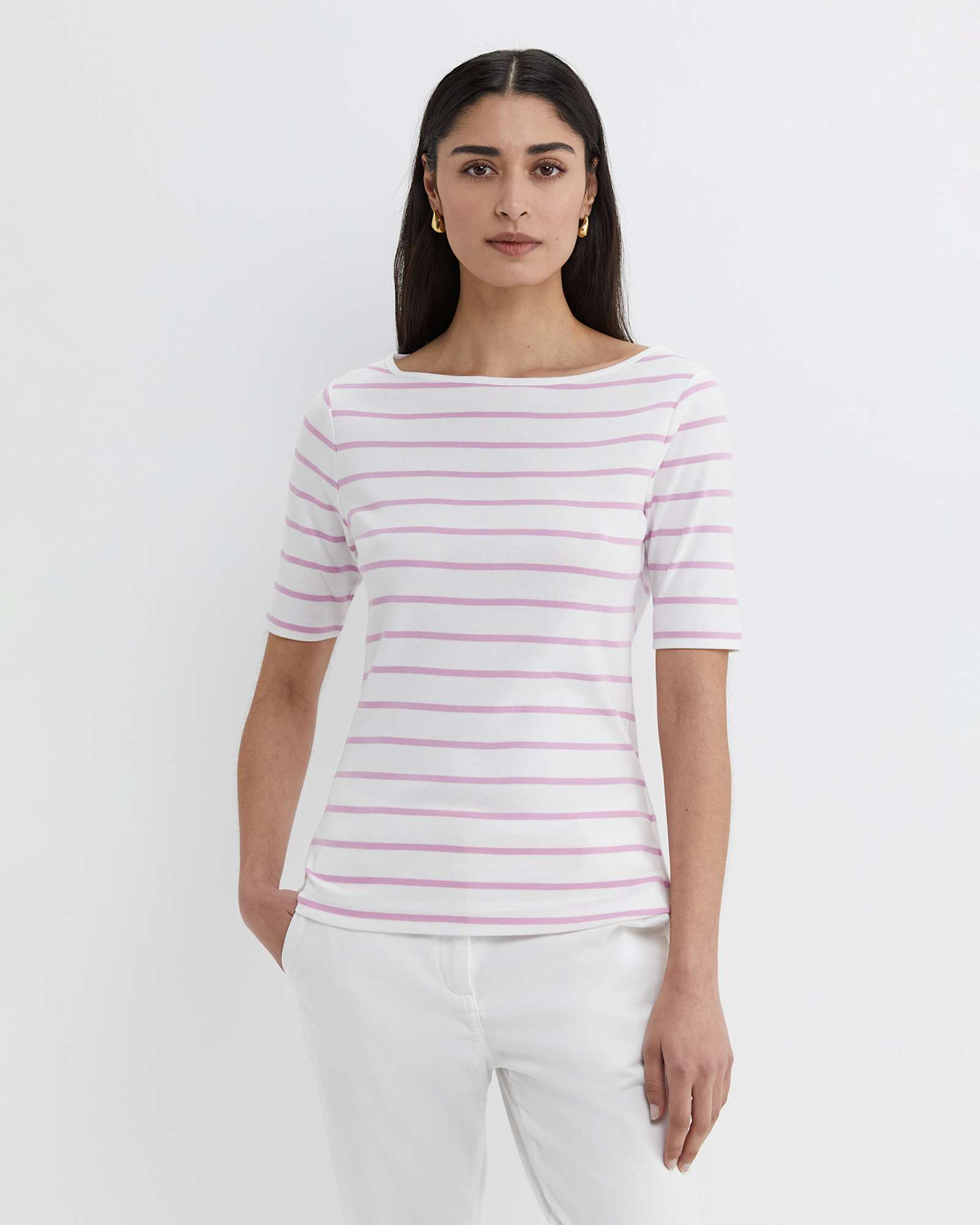 Heidi Boat Neck Half Sleeve Tee in WHITE/PINK