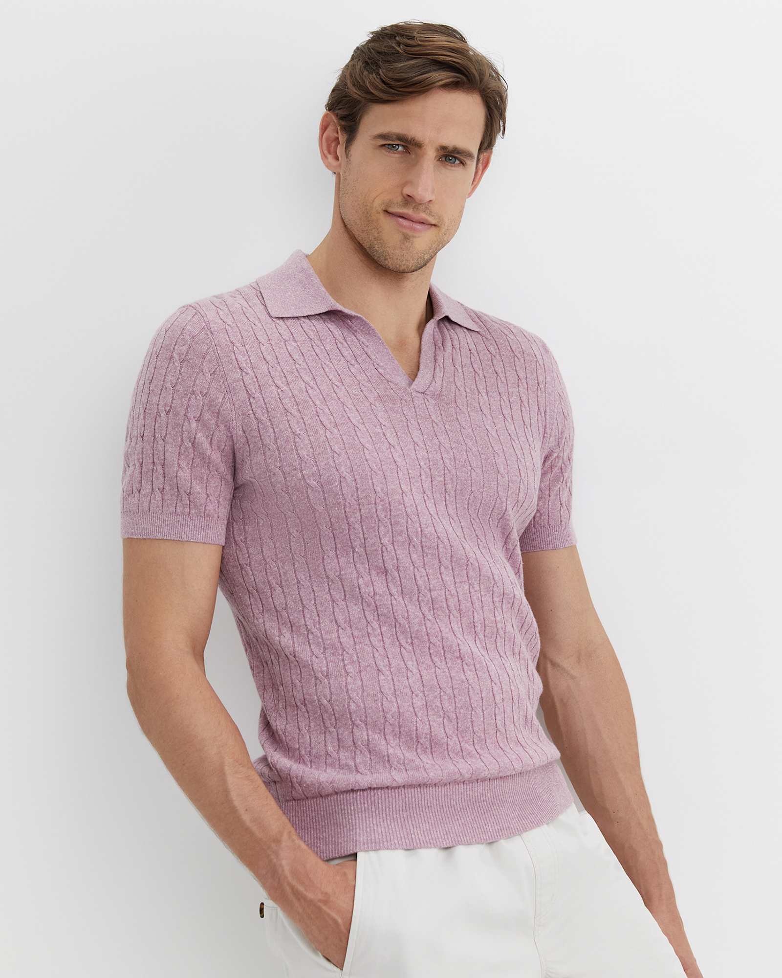 Murrinar Cable Knit Polo in PINK MELANGE