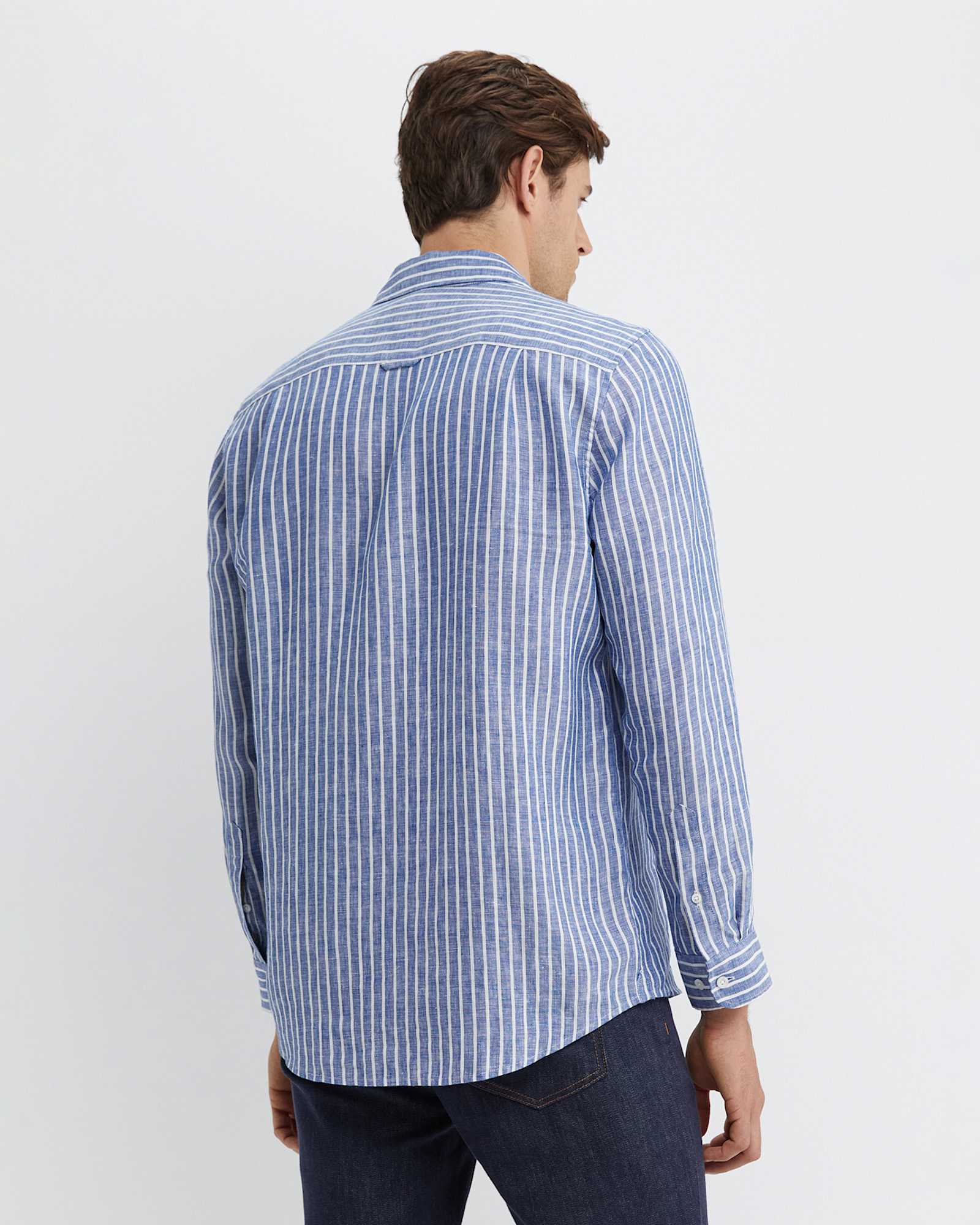 Chalmers Long Sleeve Stripe Linen Shirt in BLUE/WHITE