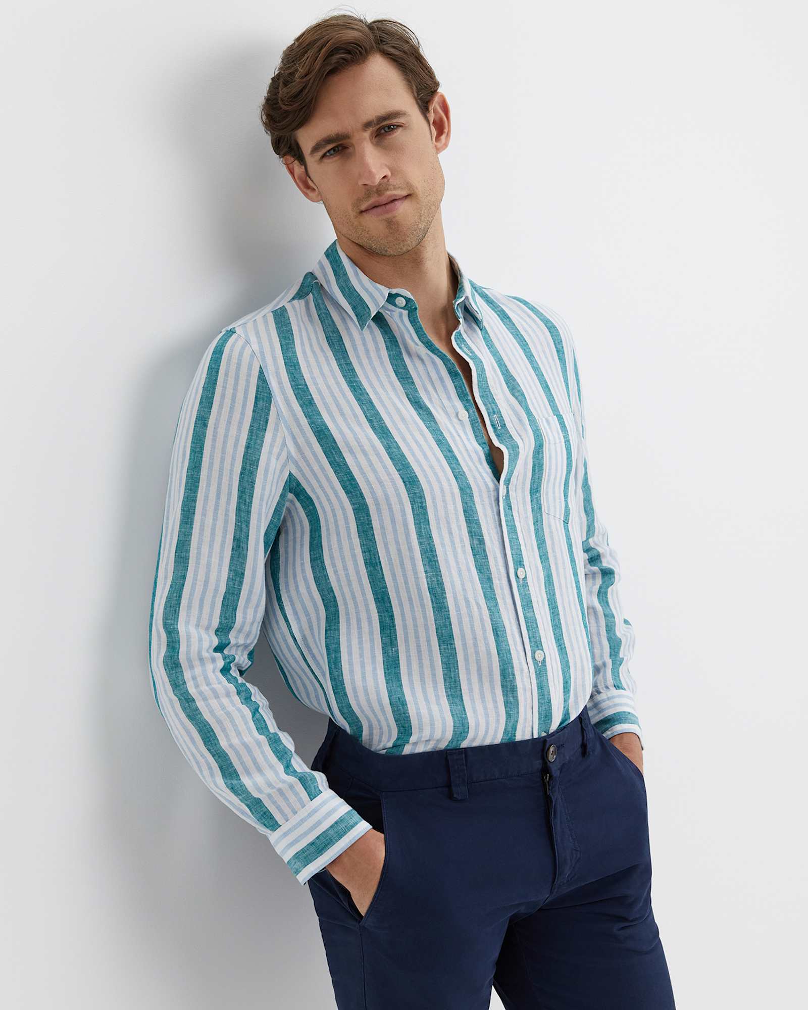 Pointon Long Sleeve Stripe Shirt in WHITE/BLUE