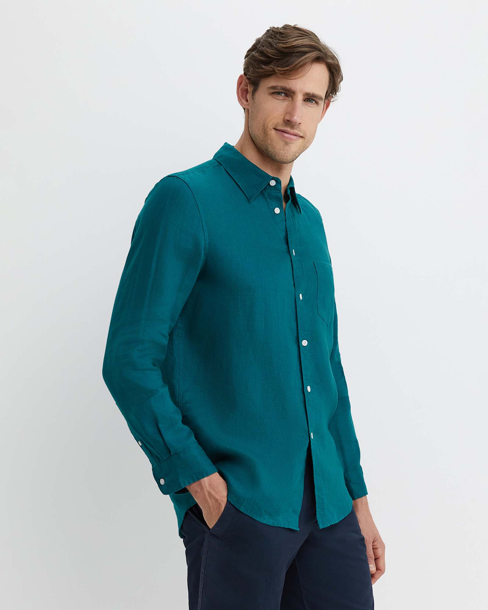 Long Sleeve Linen Shirt in DARK TEAL