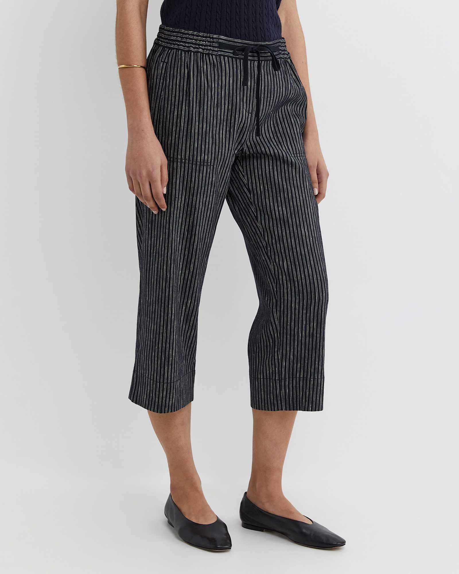 Rosa Stripe Crop Linen Pant in NAVY/WHITE