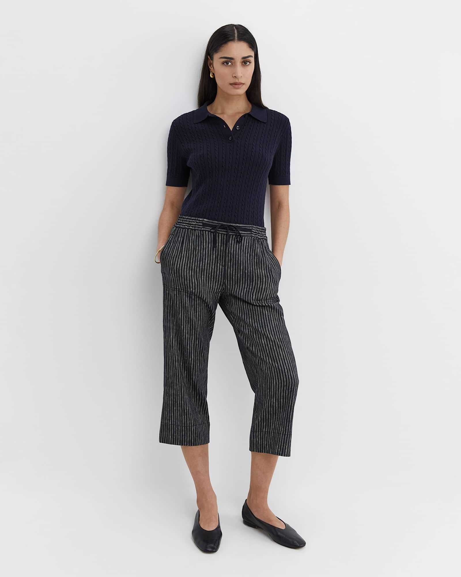 Rosa Stripe Crop Linen Pant in NAVY/WHITE