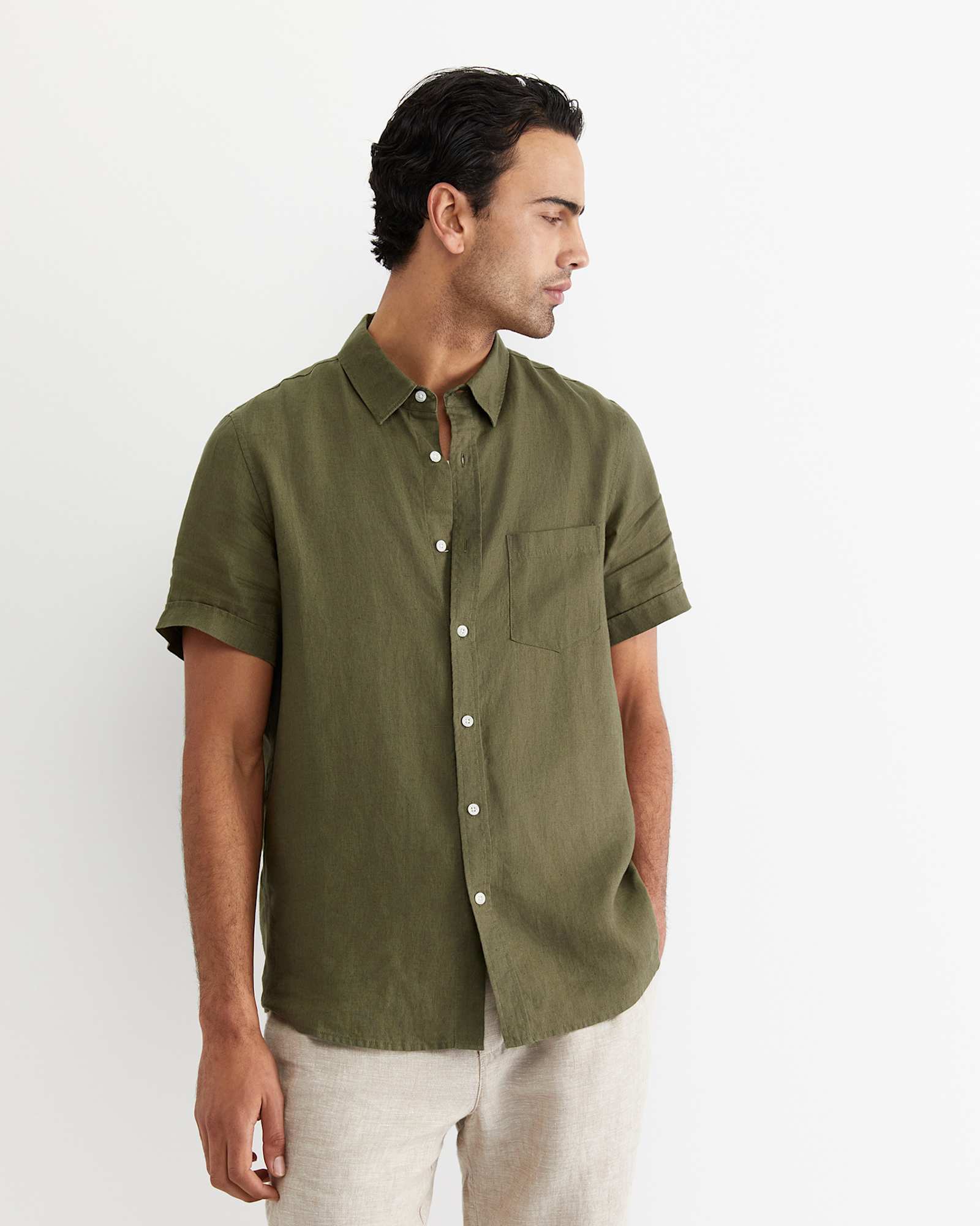Short Sleeve Linen Shirt in KHAKI