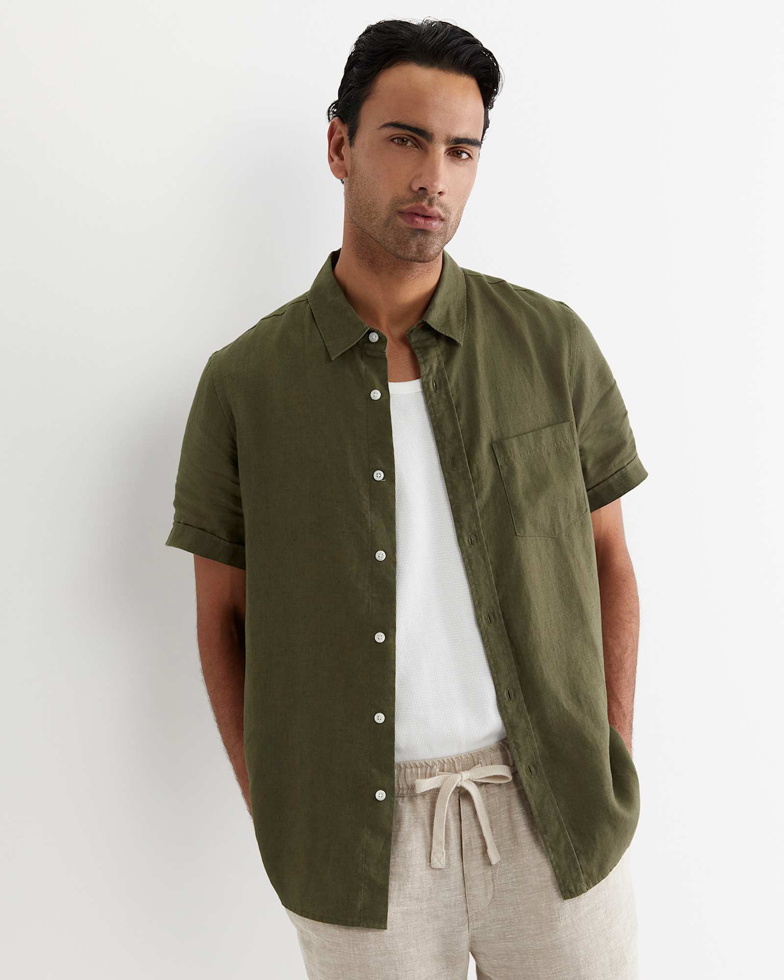 Short Sleeve Linen Shirt in KHAKI