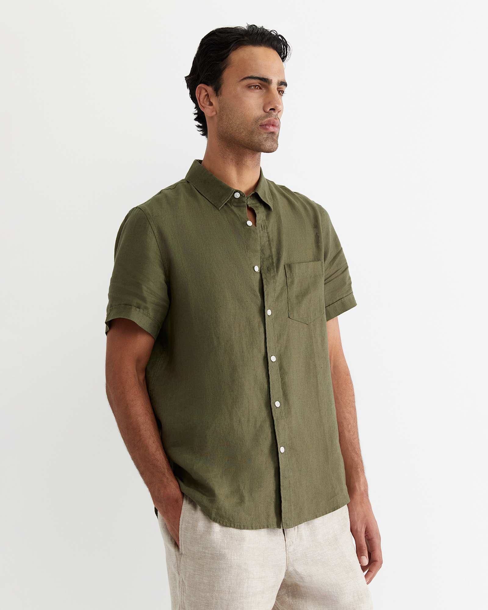 Short Sleeve Linen Shirt in KHAKI