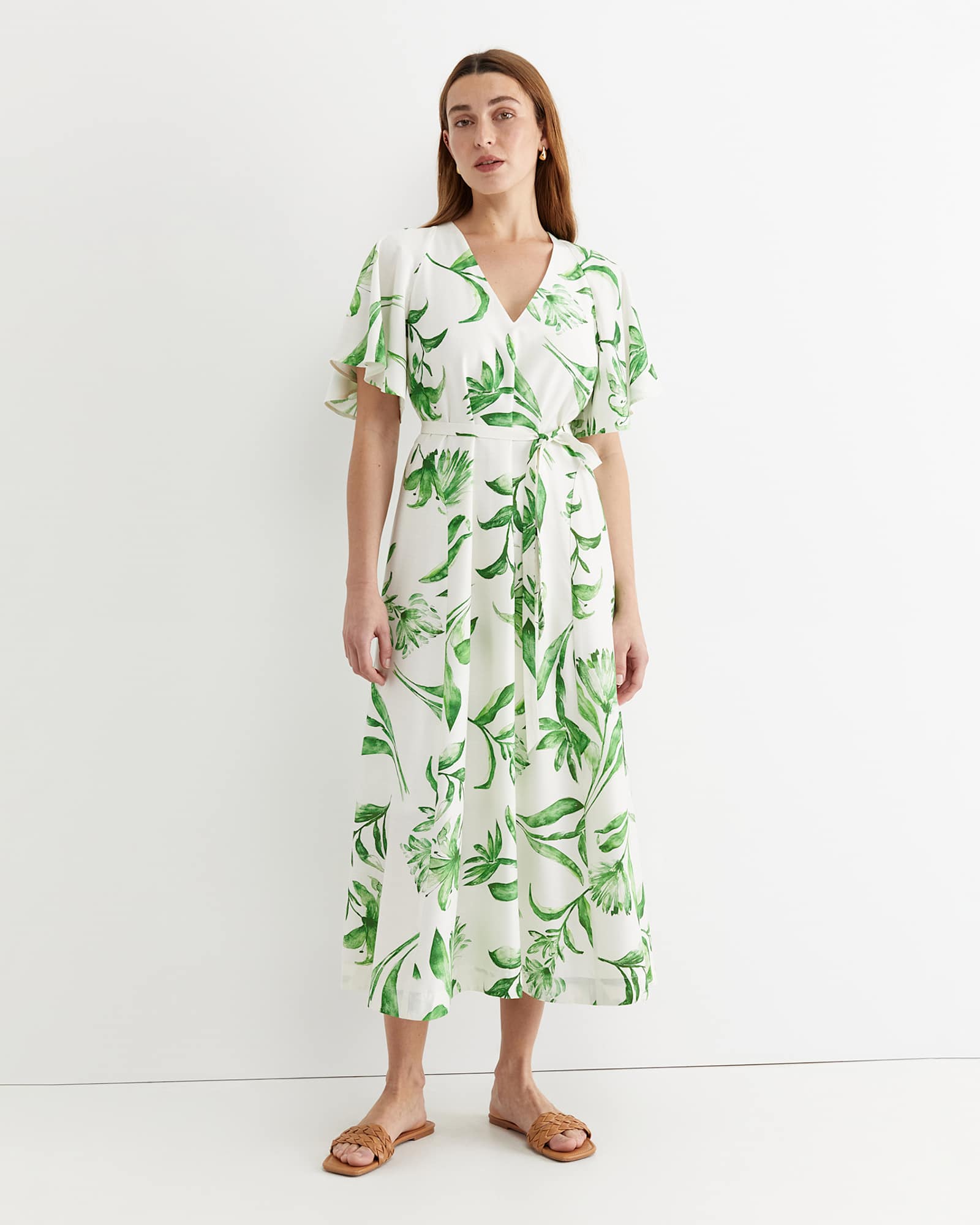 Botanical Silk Blend Midi Dress in GREEN MULTI