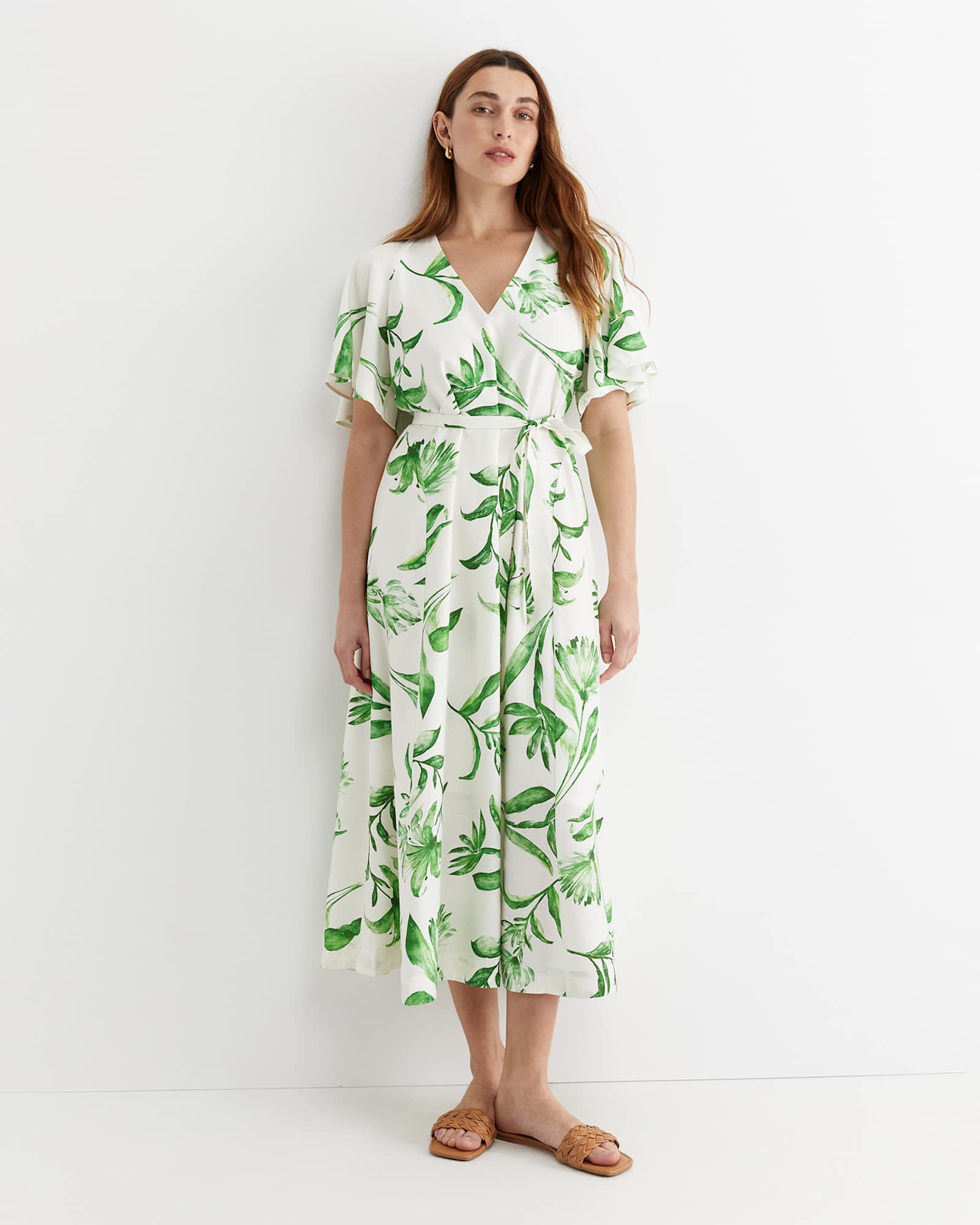 Botanical Silk Blend Midi Dress in GREEN MULTI