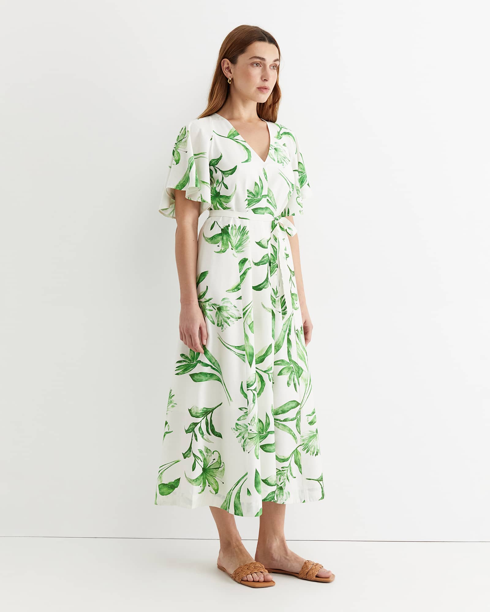Botanical Silk Blend Midi Dress in GREEN MULTI