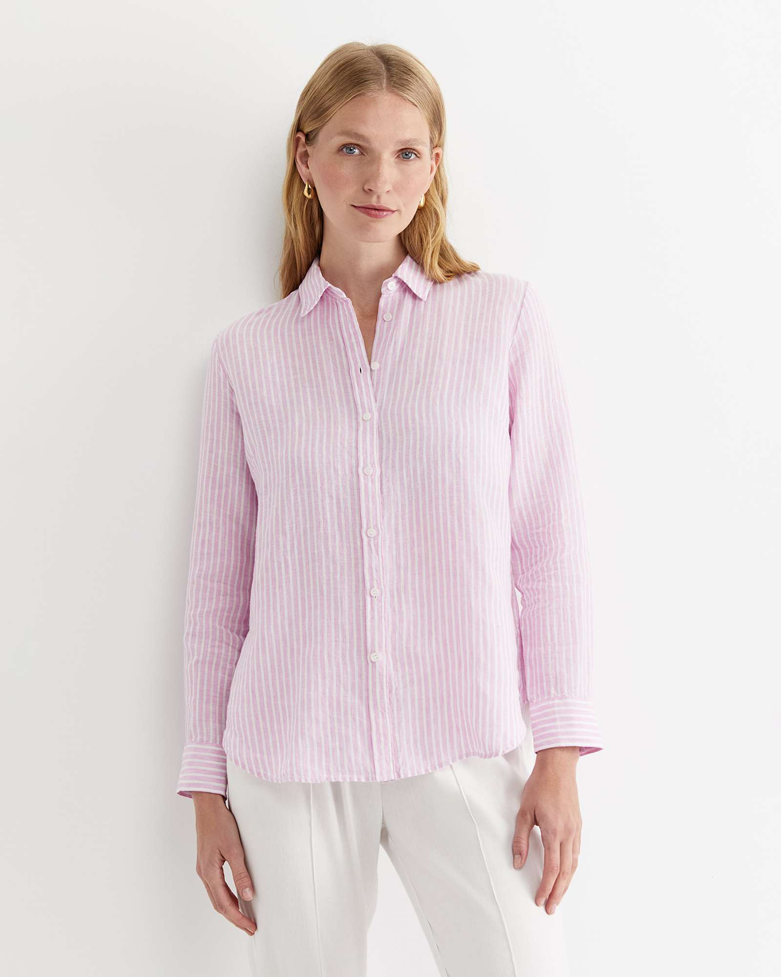 Dahlia Stripe Linen Shirt in PINK/WHITE