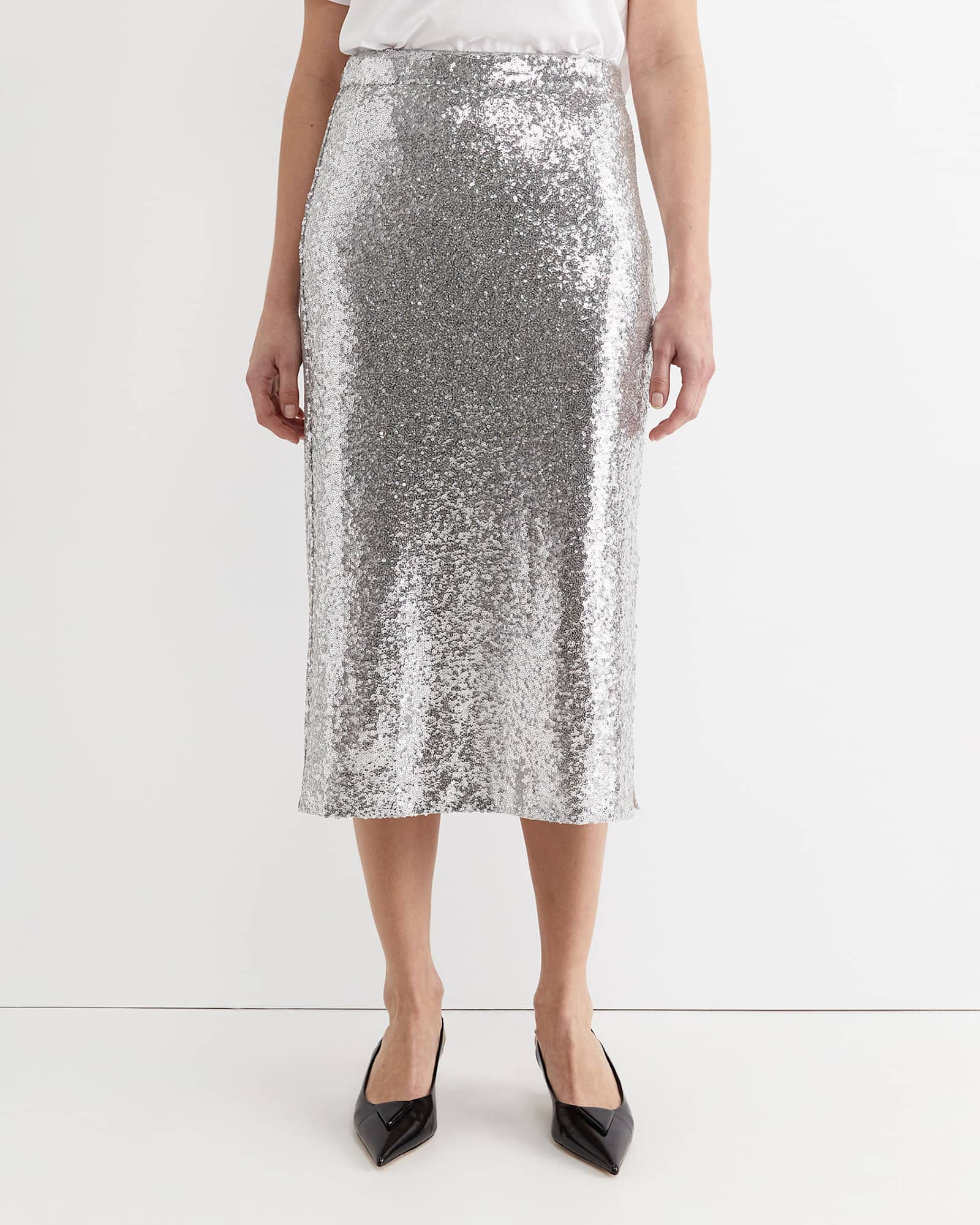 Sequin Midi Skirt in SILVER