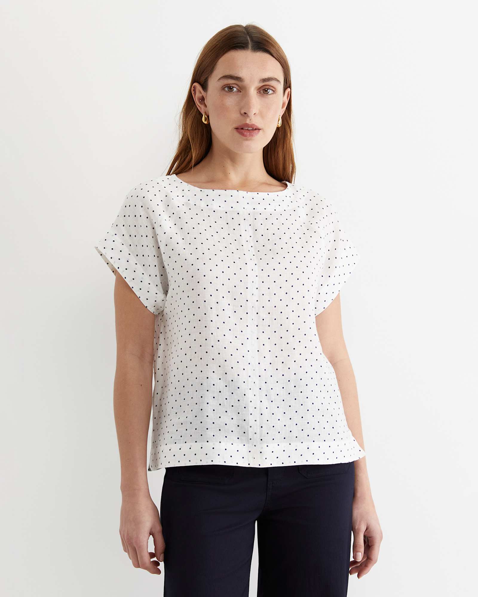 Allegra Spot Linen Top in WHITE/NAVY
