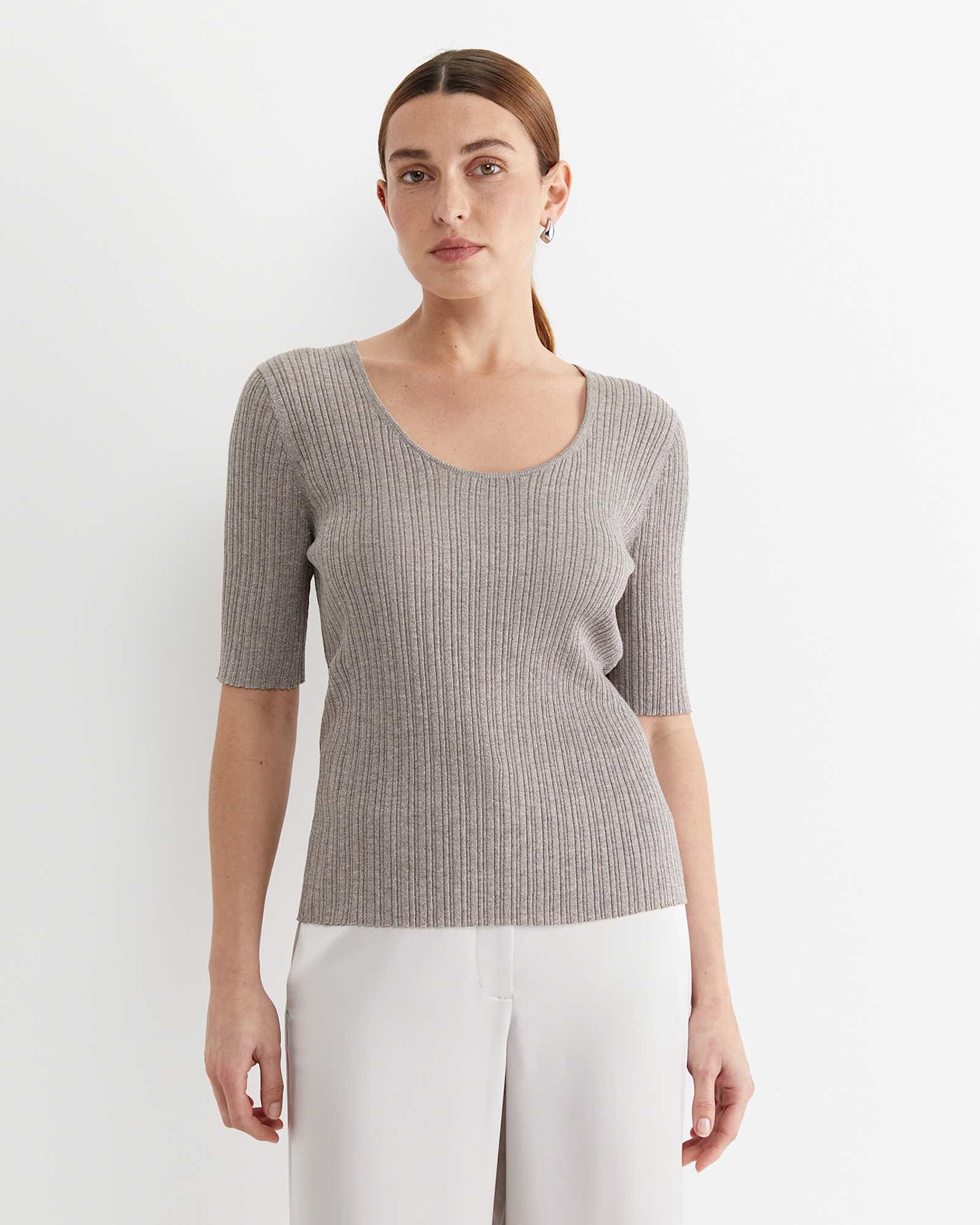 Sparkling Rib Knit Tee in GREY PEARL