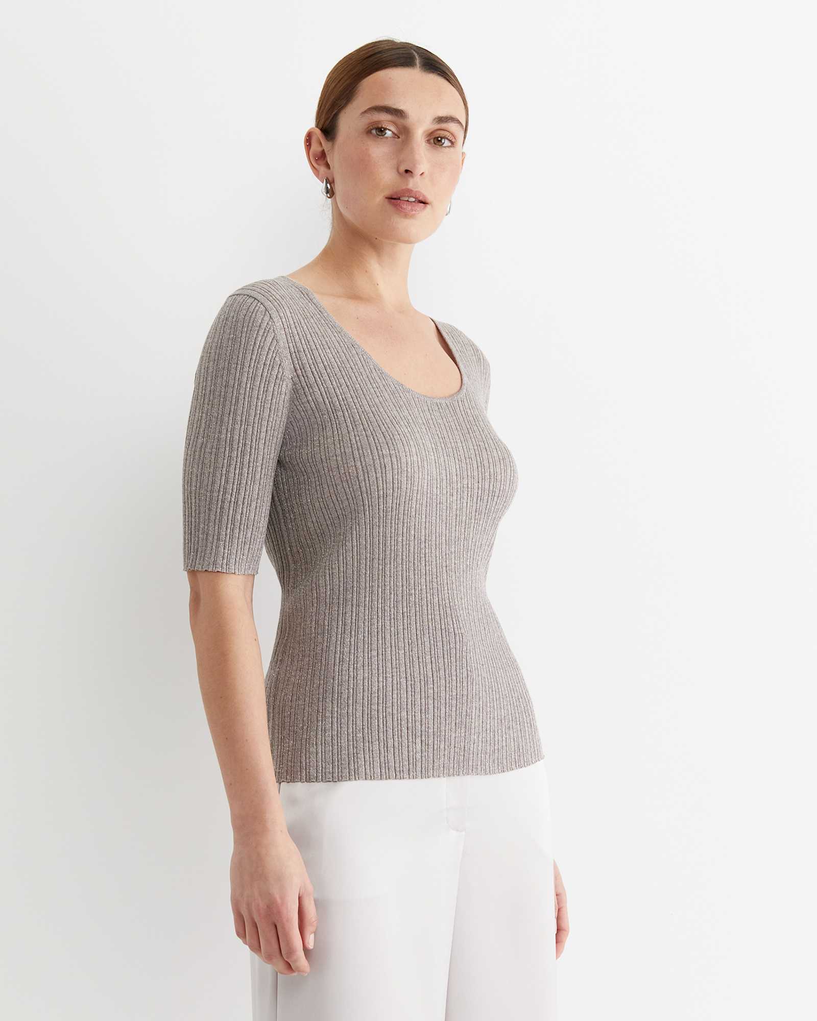 Sparkling Rib Knit Tee in GREY PEARL