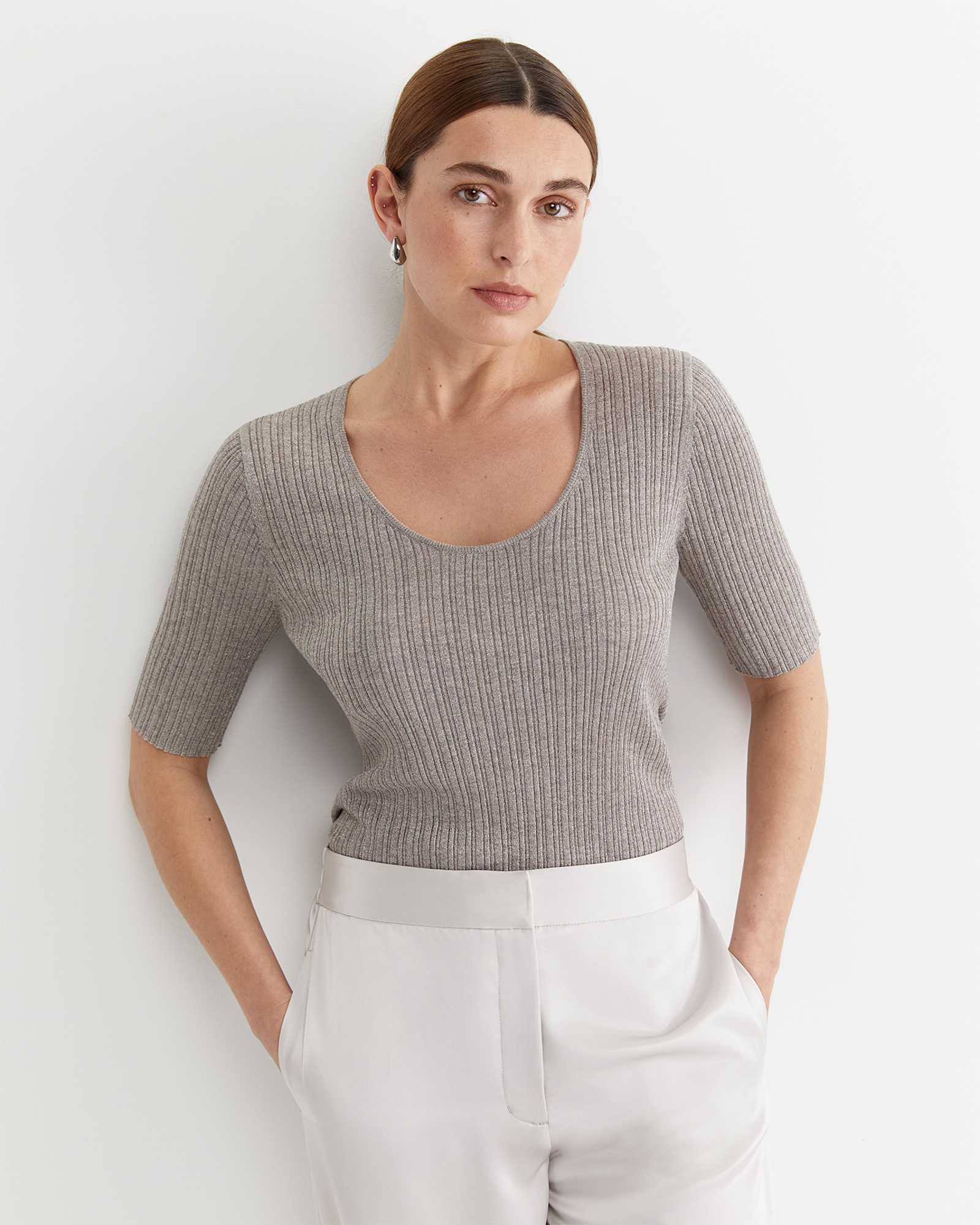 Sparkling Rib Knit Tee in GREY PEARL