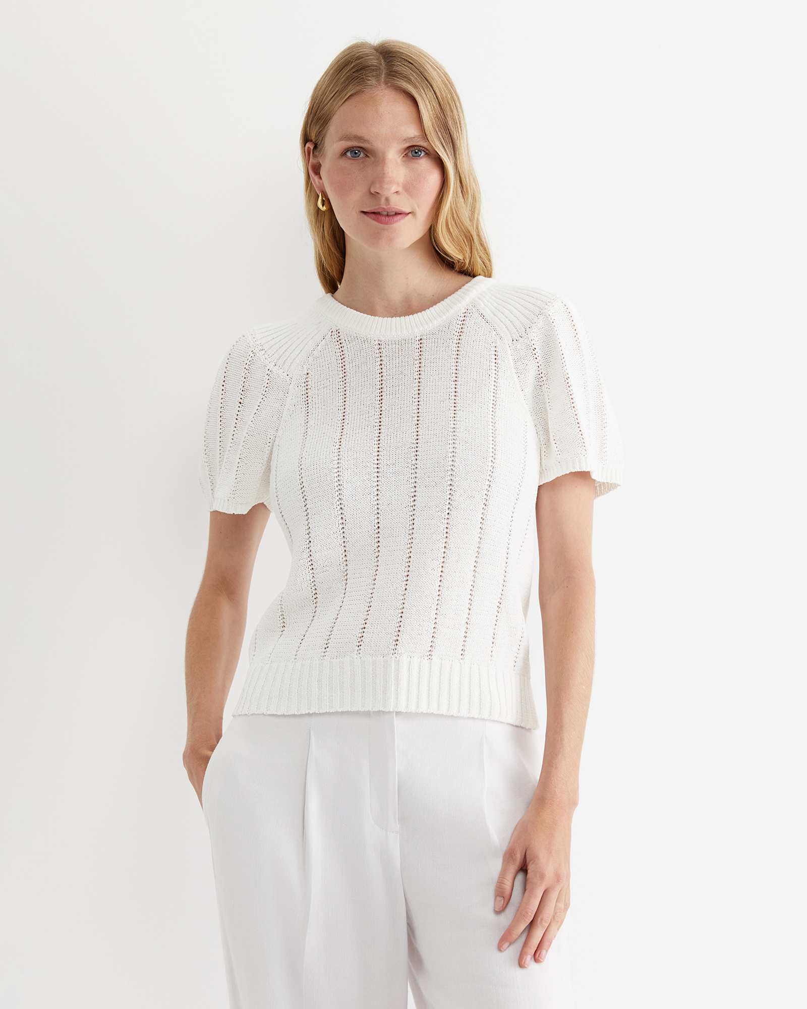Josie Tape Yarn Flutter Top in MILK