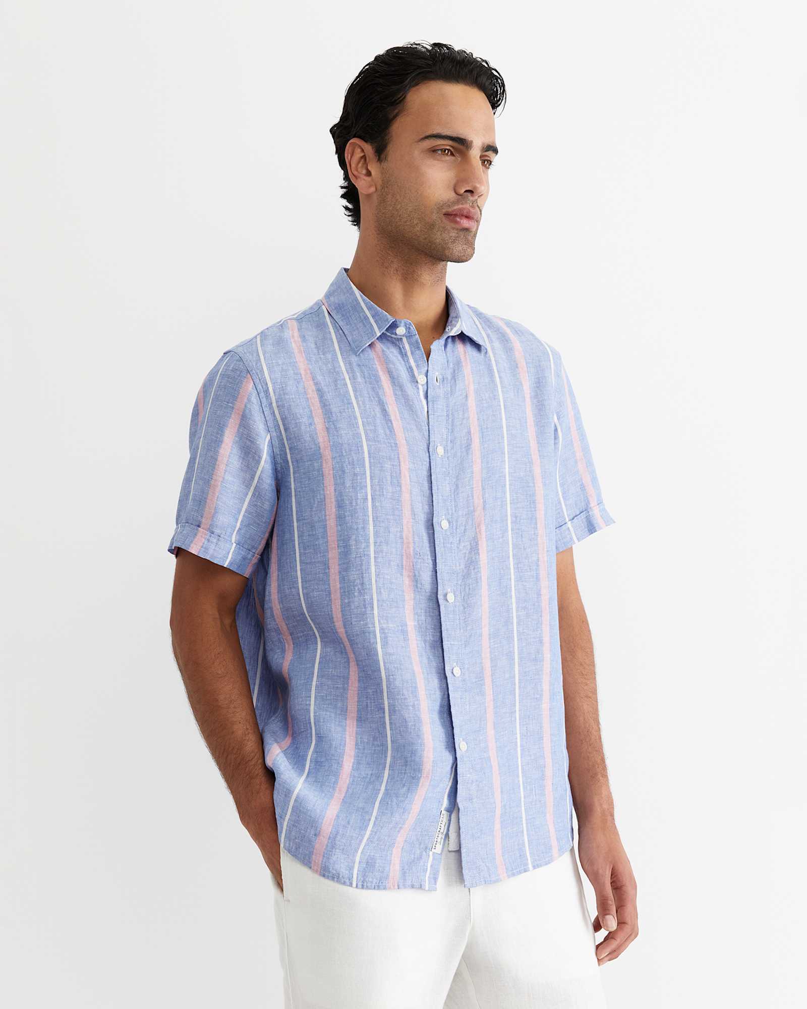 Redfern Short Sleeve Linen Stripe Shirt in PINK/BLUE