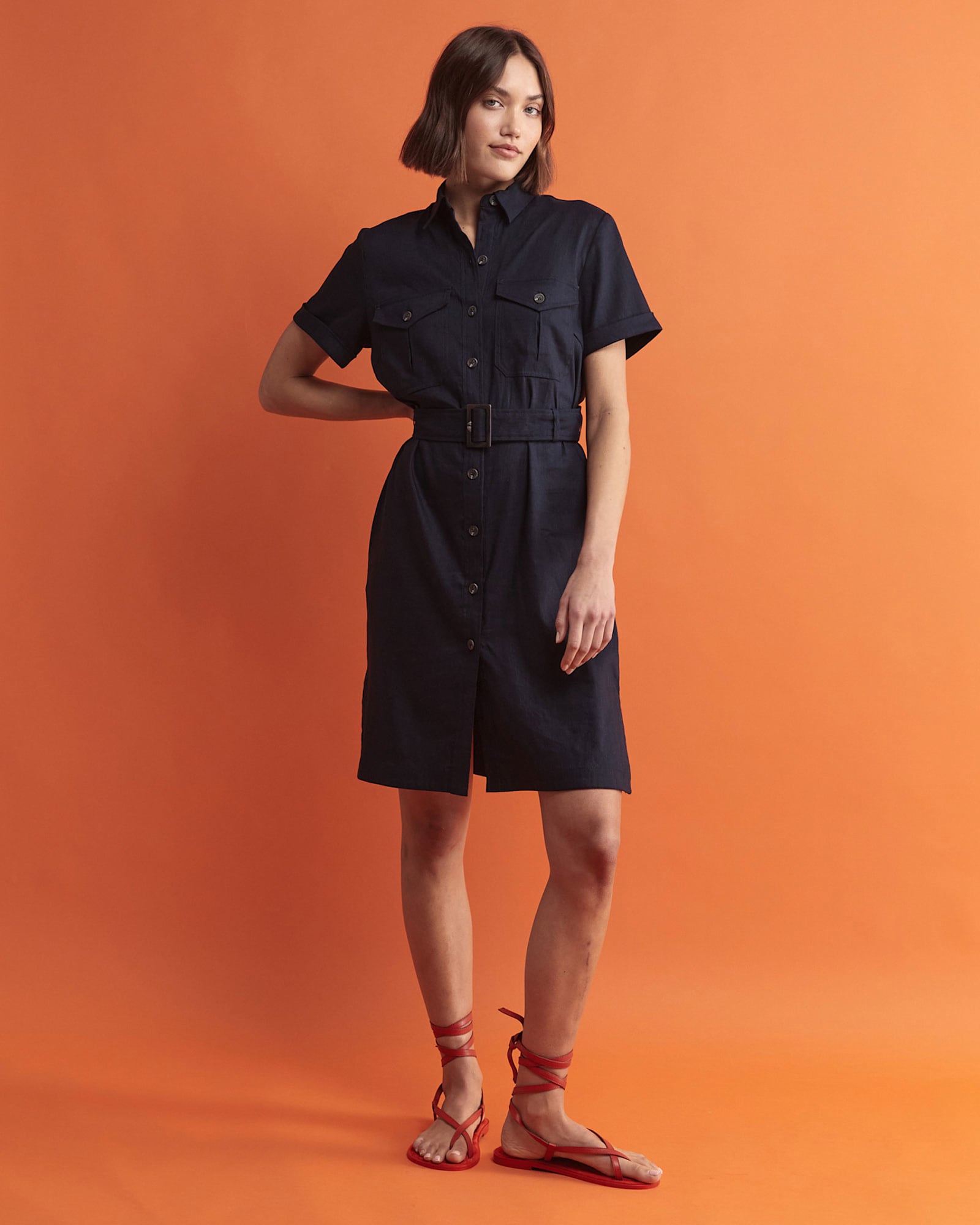 Rosa Belted Shirt Dress in CLASSIC NAVY