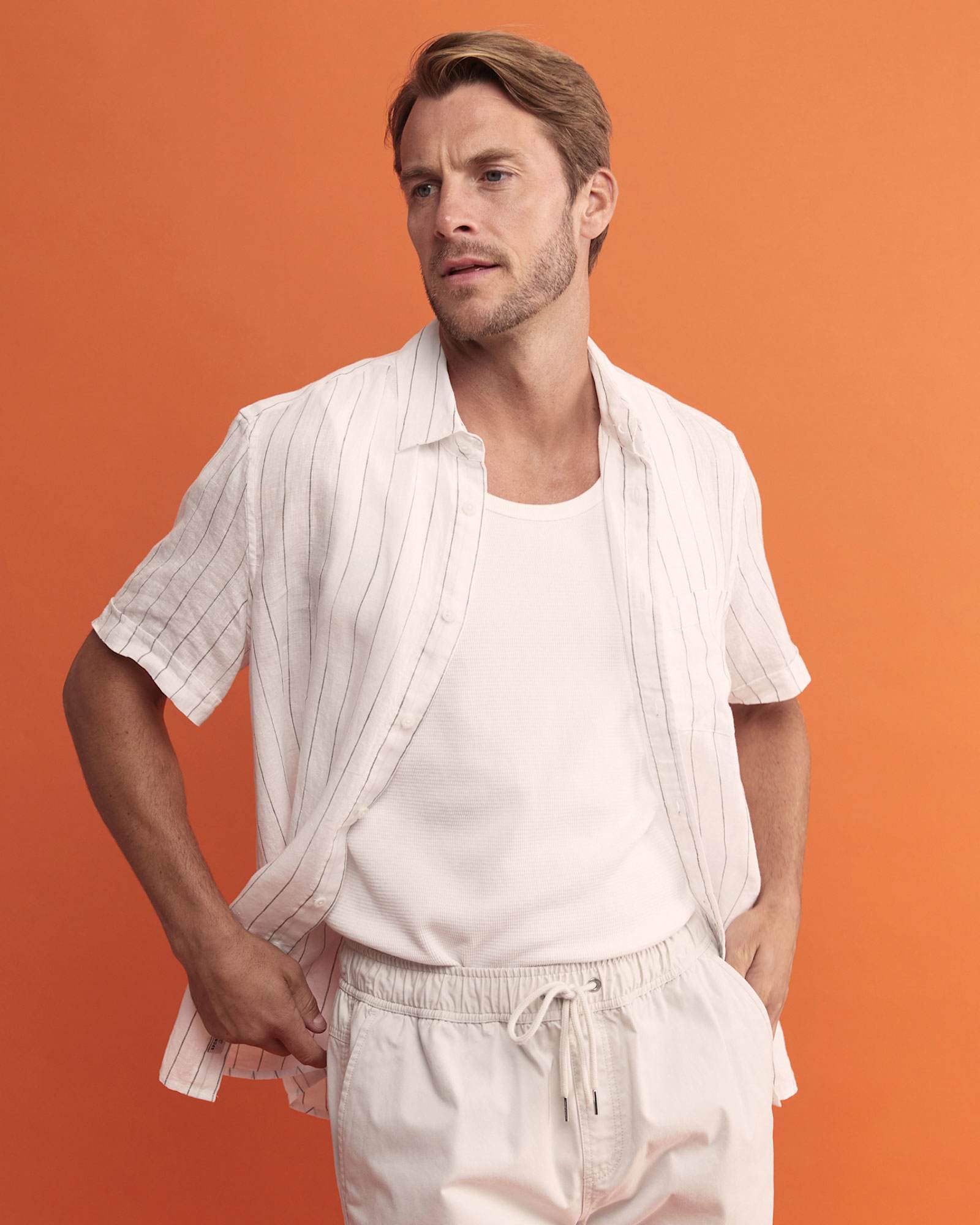 Alan Short Sleeve Linen Shirt in WHITE/MULTI