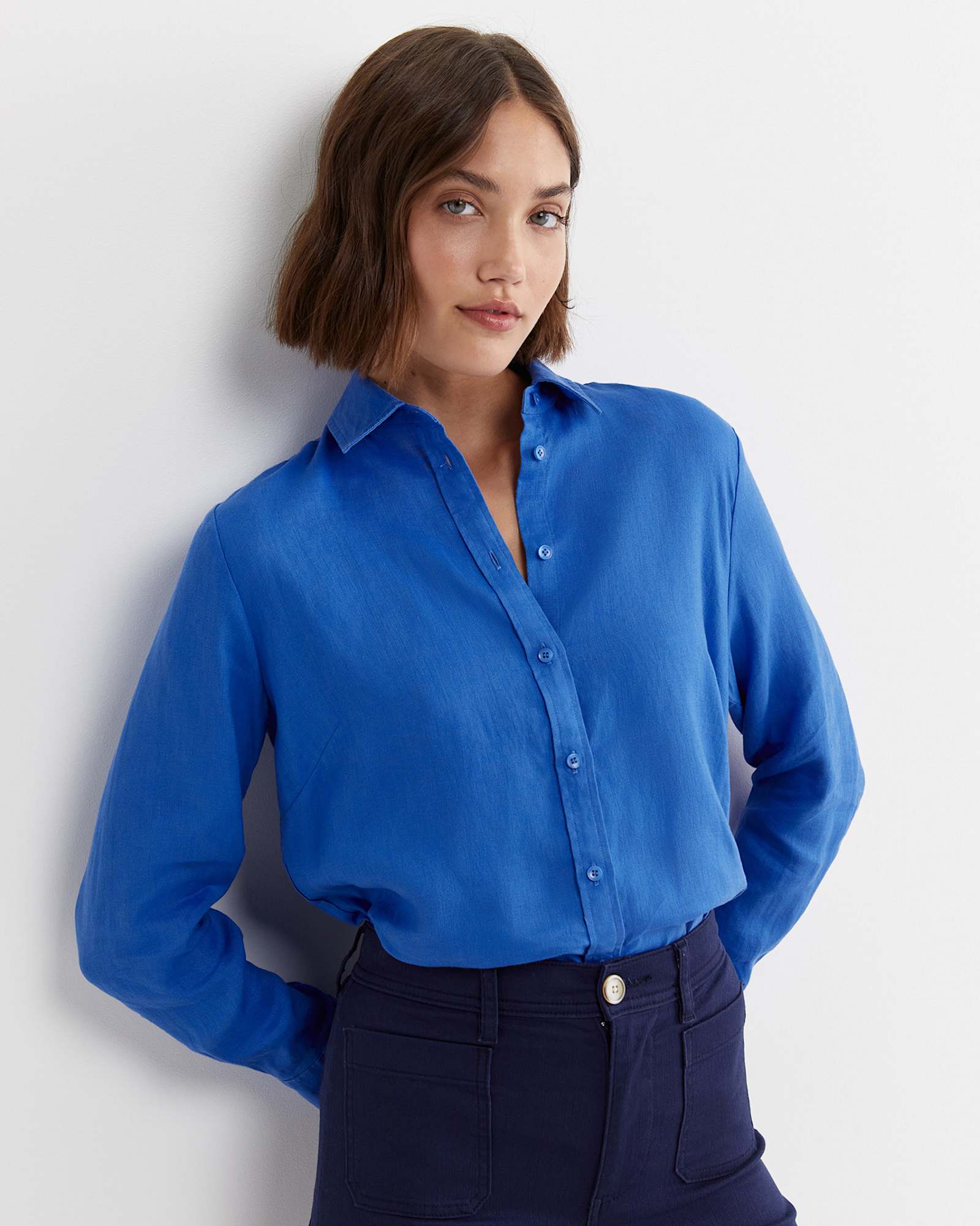 Dahlia Long Sleeve Linen Shirt in CERULEAN