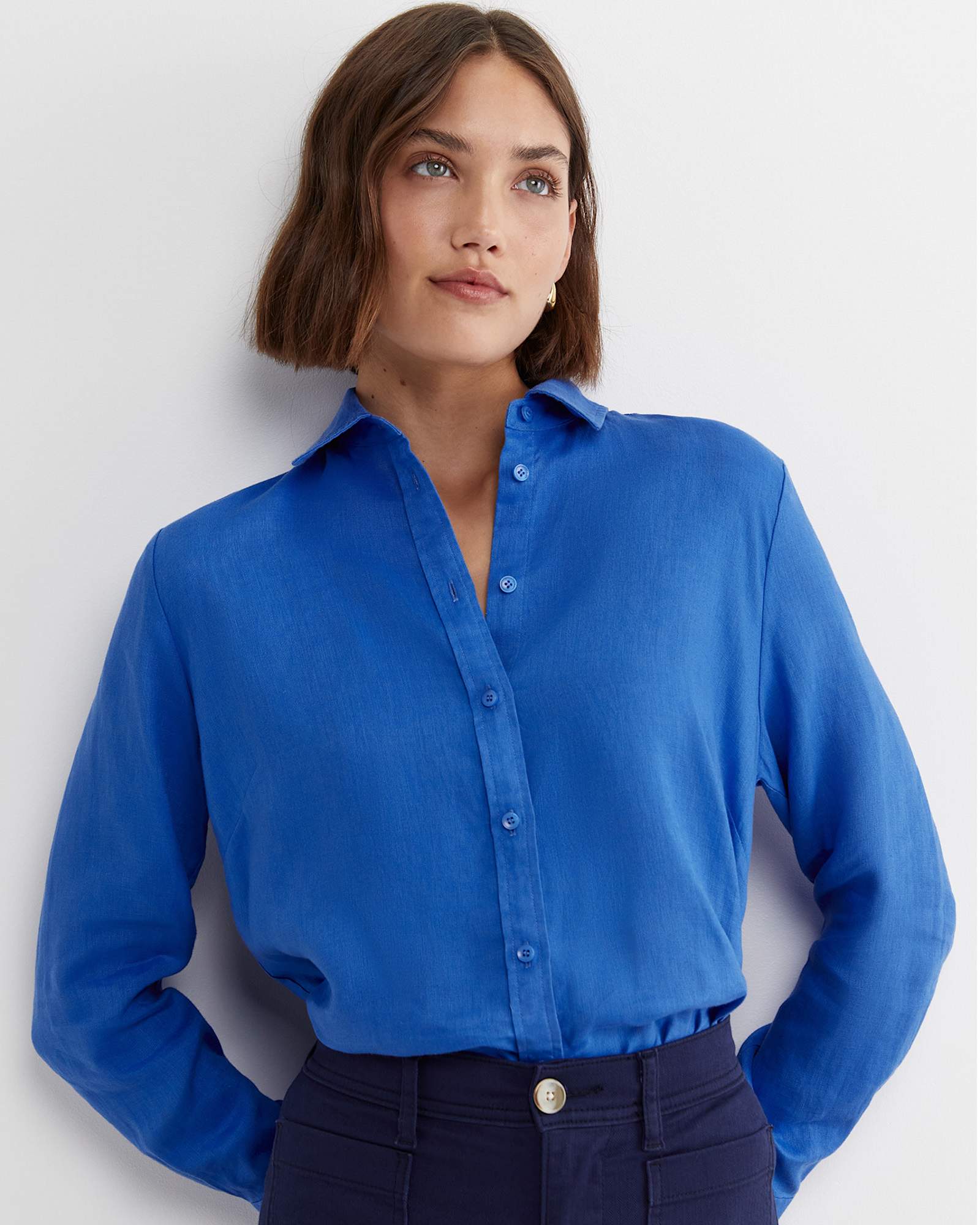 Dahlia Long Sleeve Linen Shirt in CERULEAN