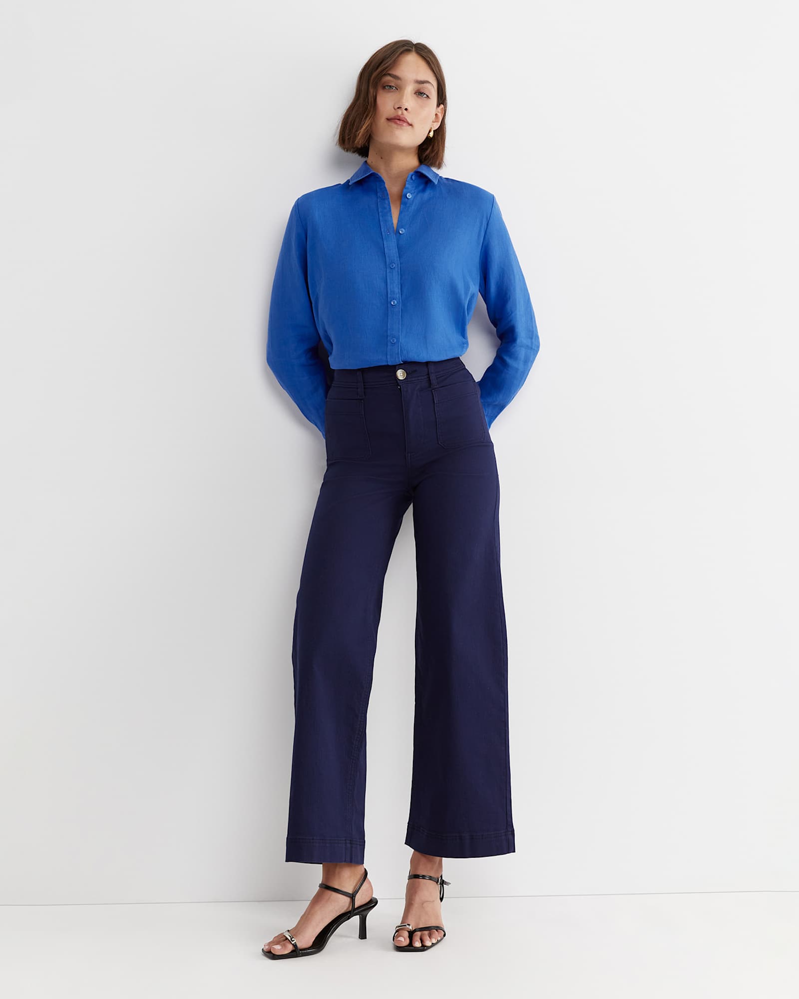 Dahlia Long Sleeve Linen Shirt in CERULEAN