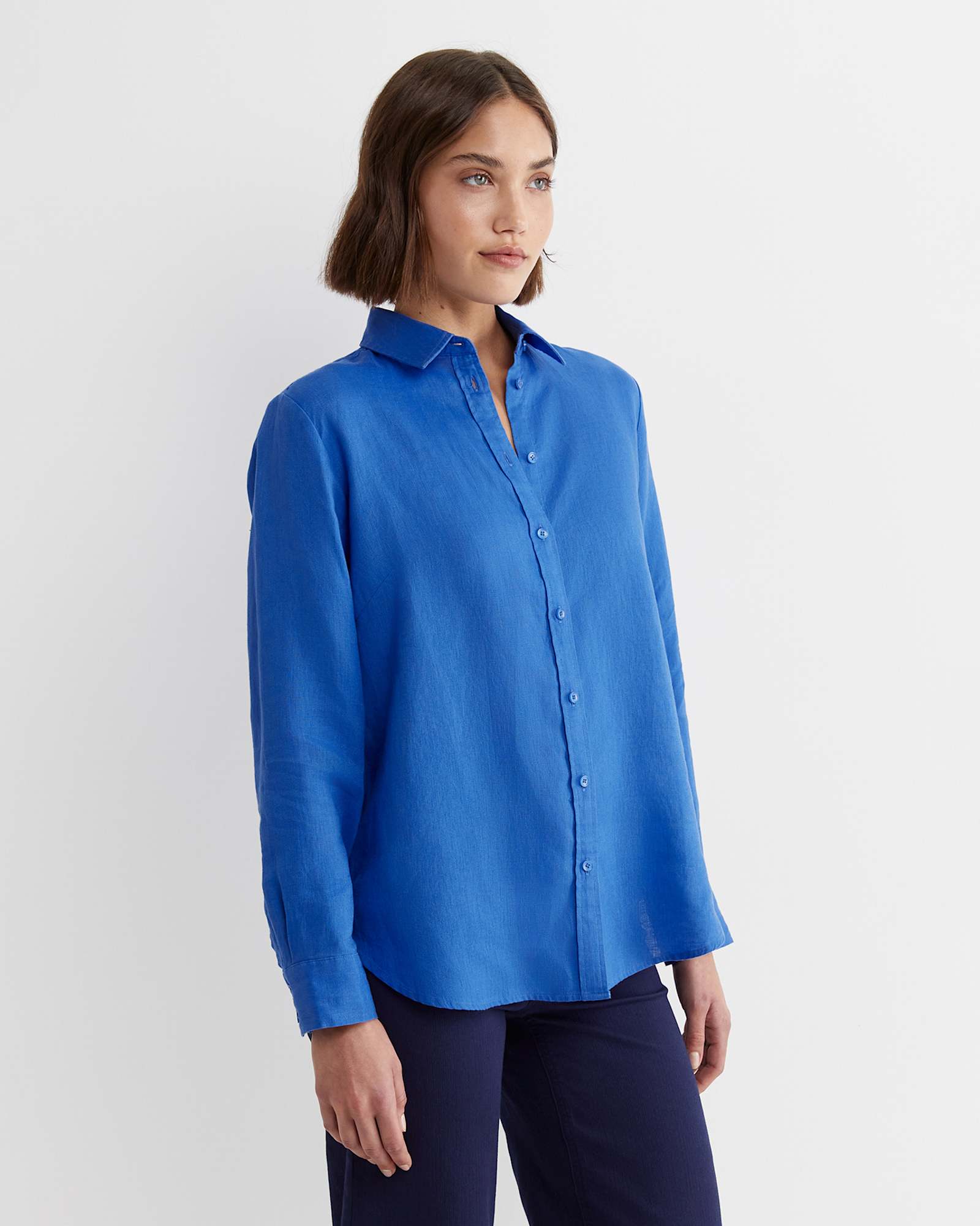 Dahlia Long Sleeve Linen Shirt in CERULEAN