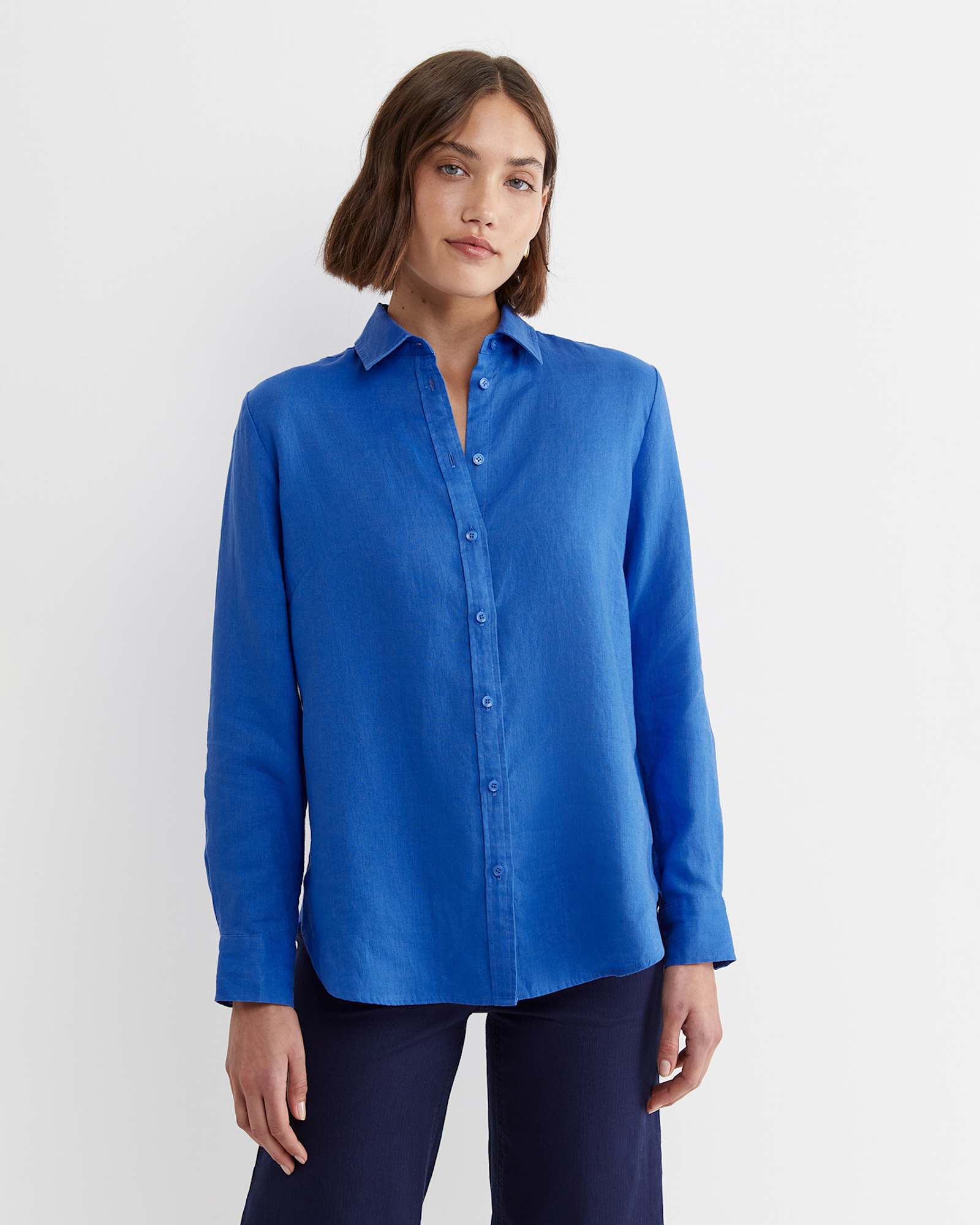 Dahlia Long Sleeve Linen Shirt in CERULEAN