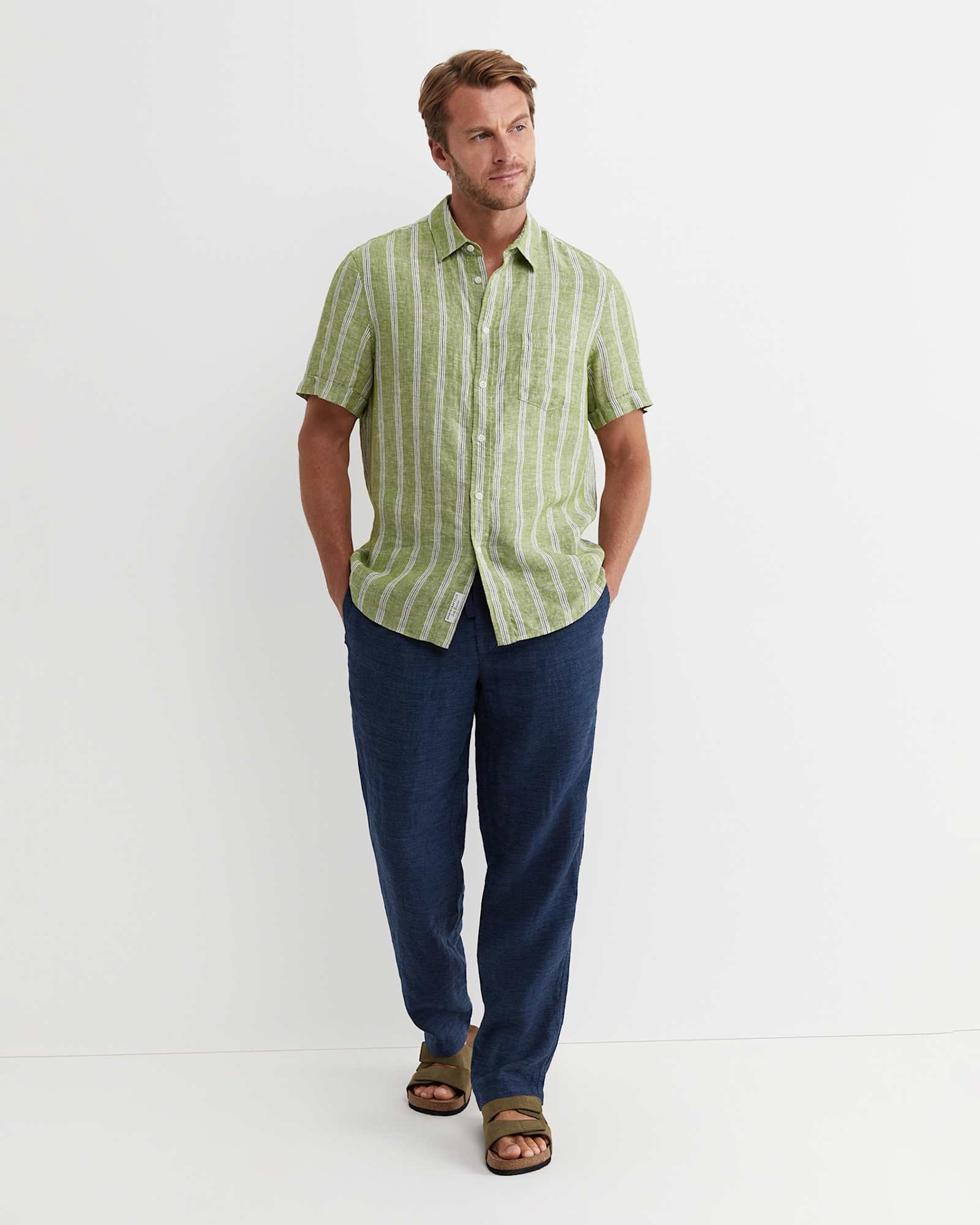 Flynn Short Sleeve Stripe Linen Shirt in GREEN MULTI