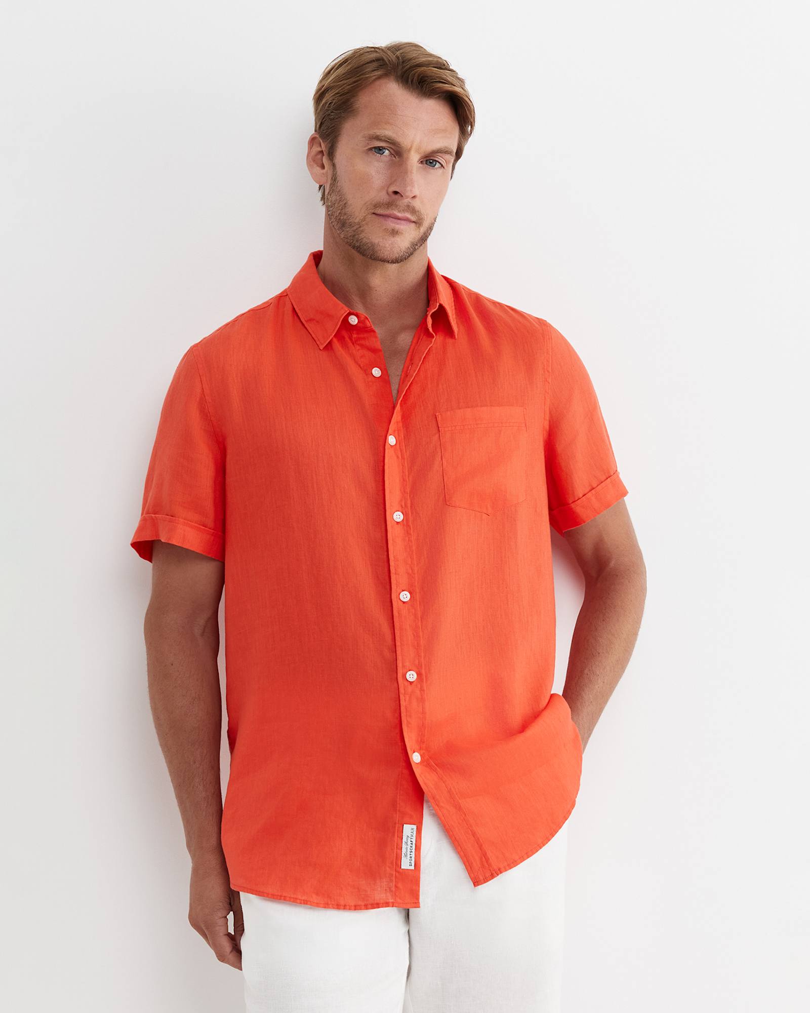 Short Sleeve Linen Shirt in TANGERINE