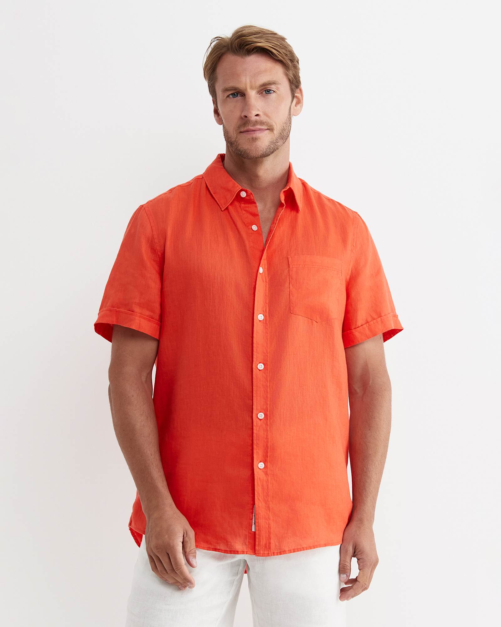 Short Sleeve Linen Shirt in TANGERINE