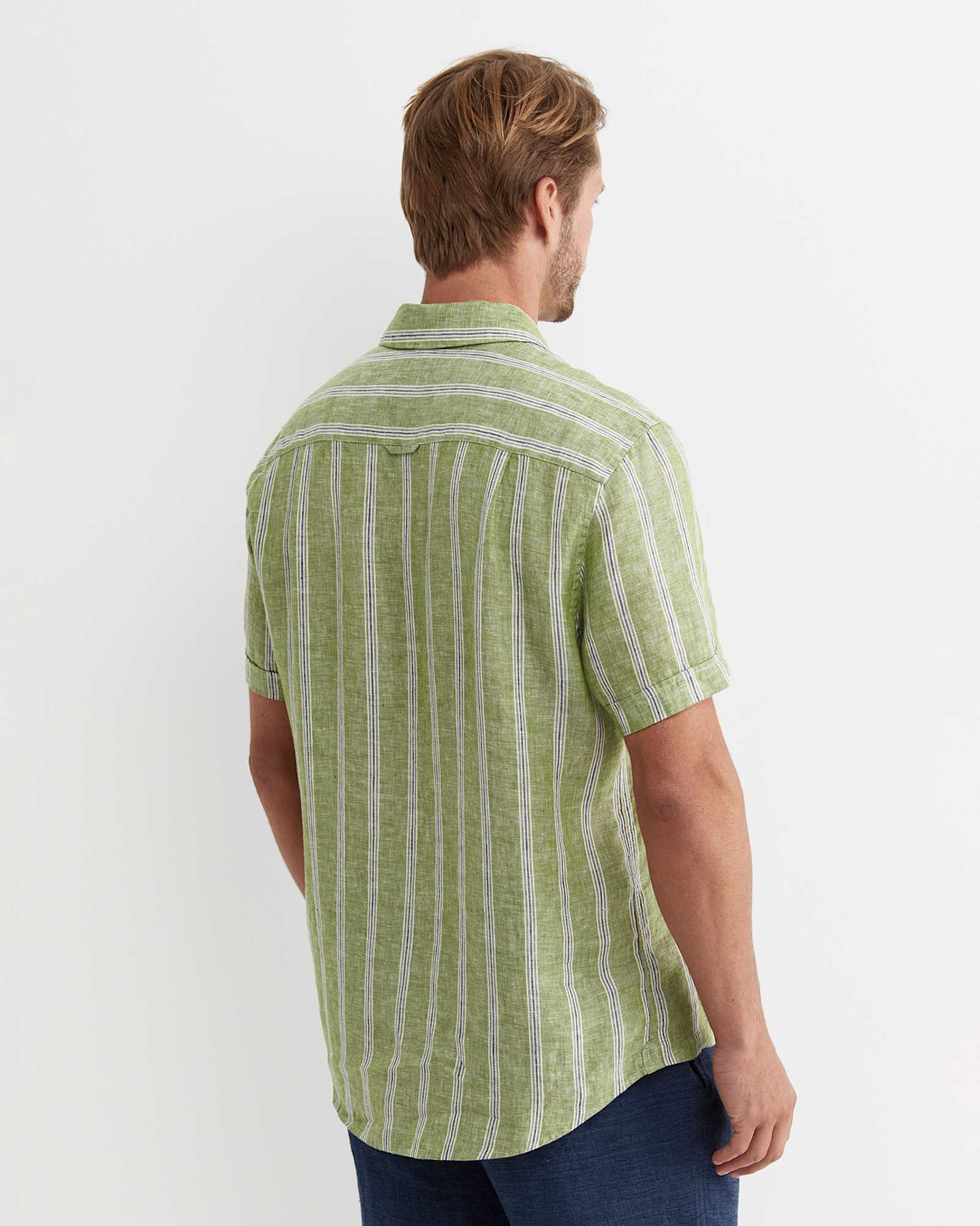 Flynn Short Sleeve Stripe Linen Shirt in GREEN MULTI