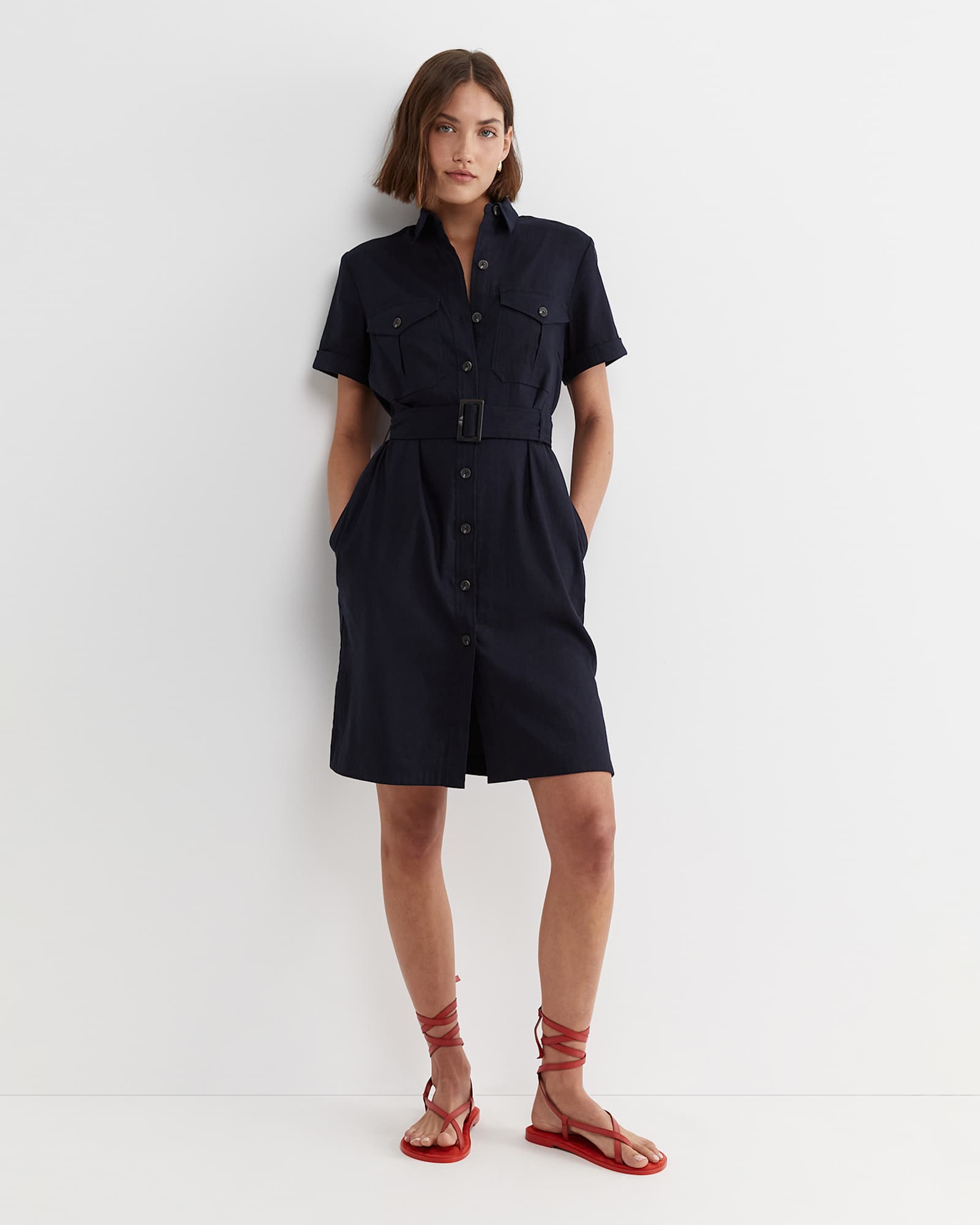 Rosa Belted Shirt Dress in CLASSIC NAVY
