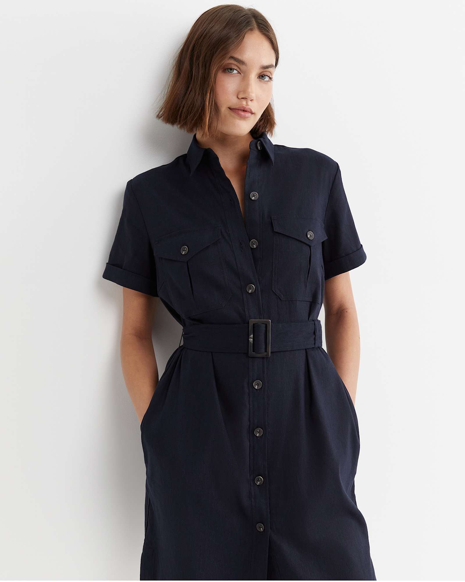 Rosa Belted Shirt Dress in CLASSIC NAVY