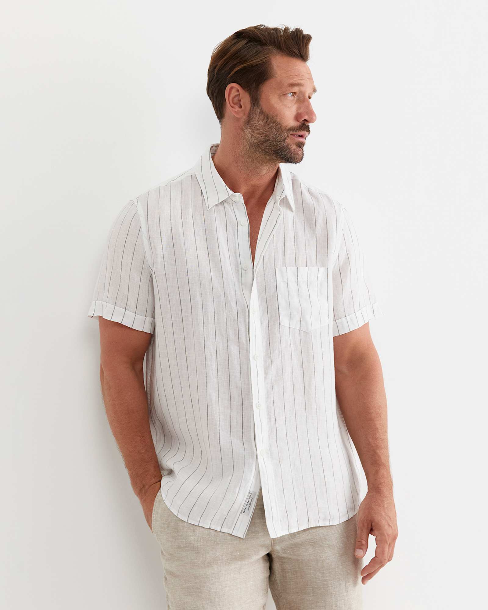 Alan Short Sleeve Linen Shirt in WHITE/MULTI