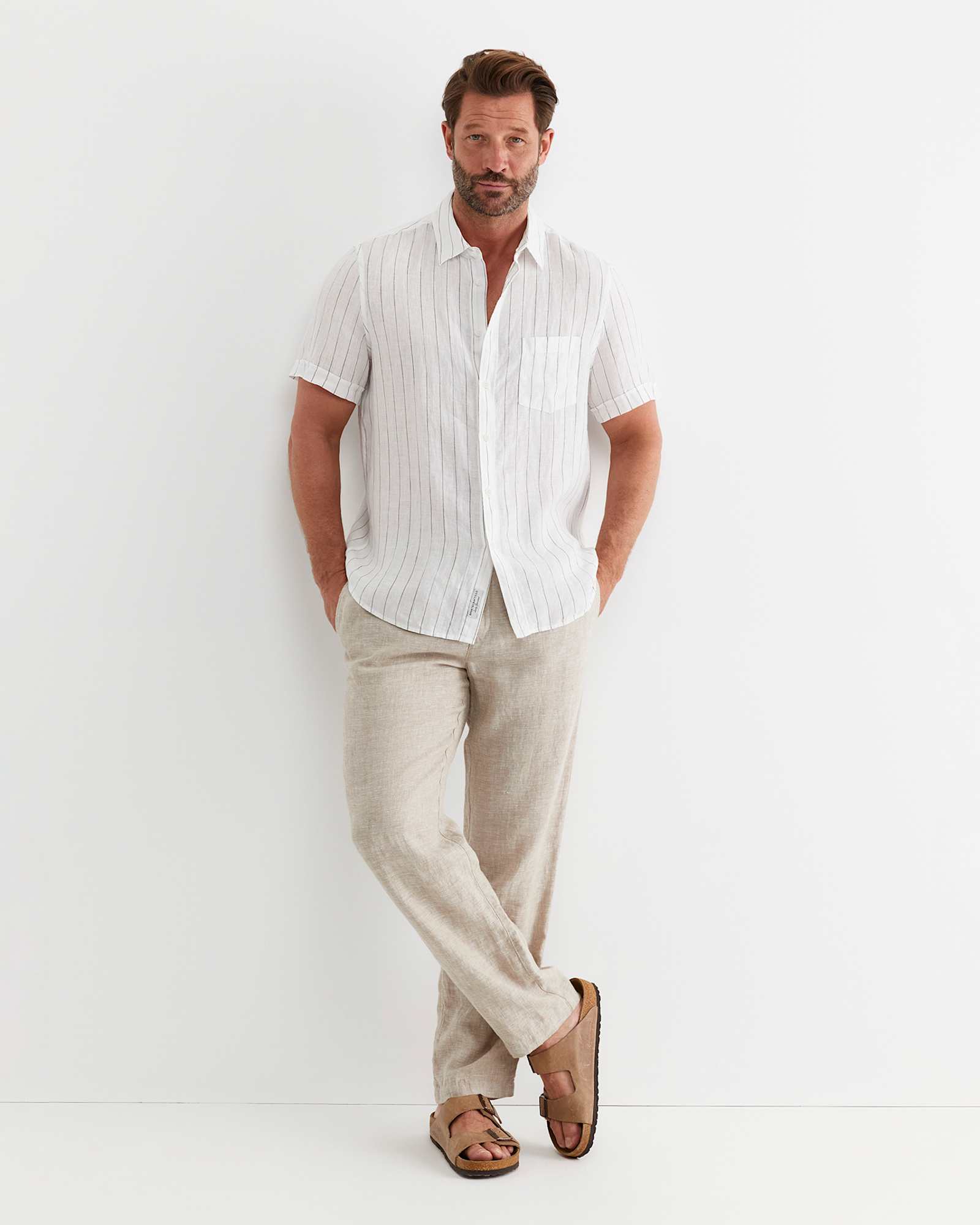 Alan Short Sleeve Linen Shirt in WHITE/MULTI