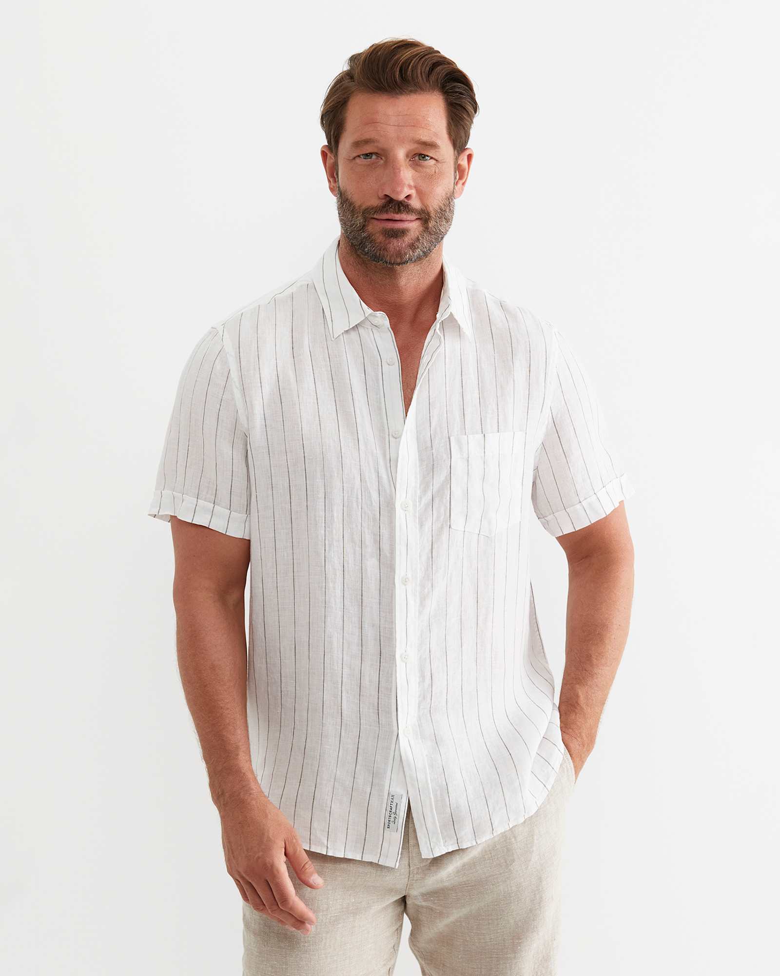 Alan Short Sleeve Linen Shirt in WHITE/MULTI