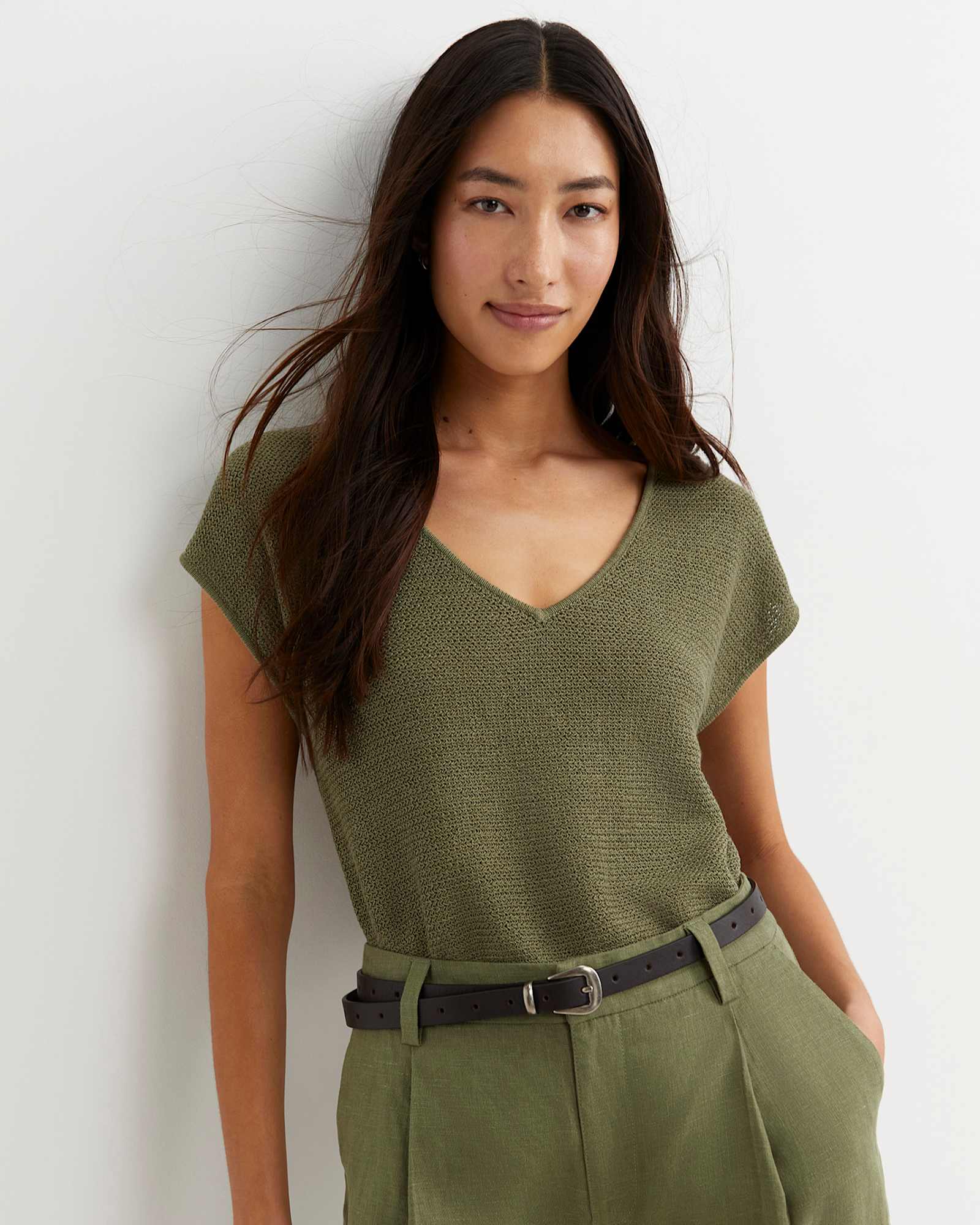 Luisa V-Neck Knit Top in KHAKI