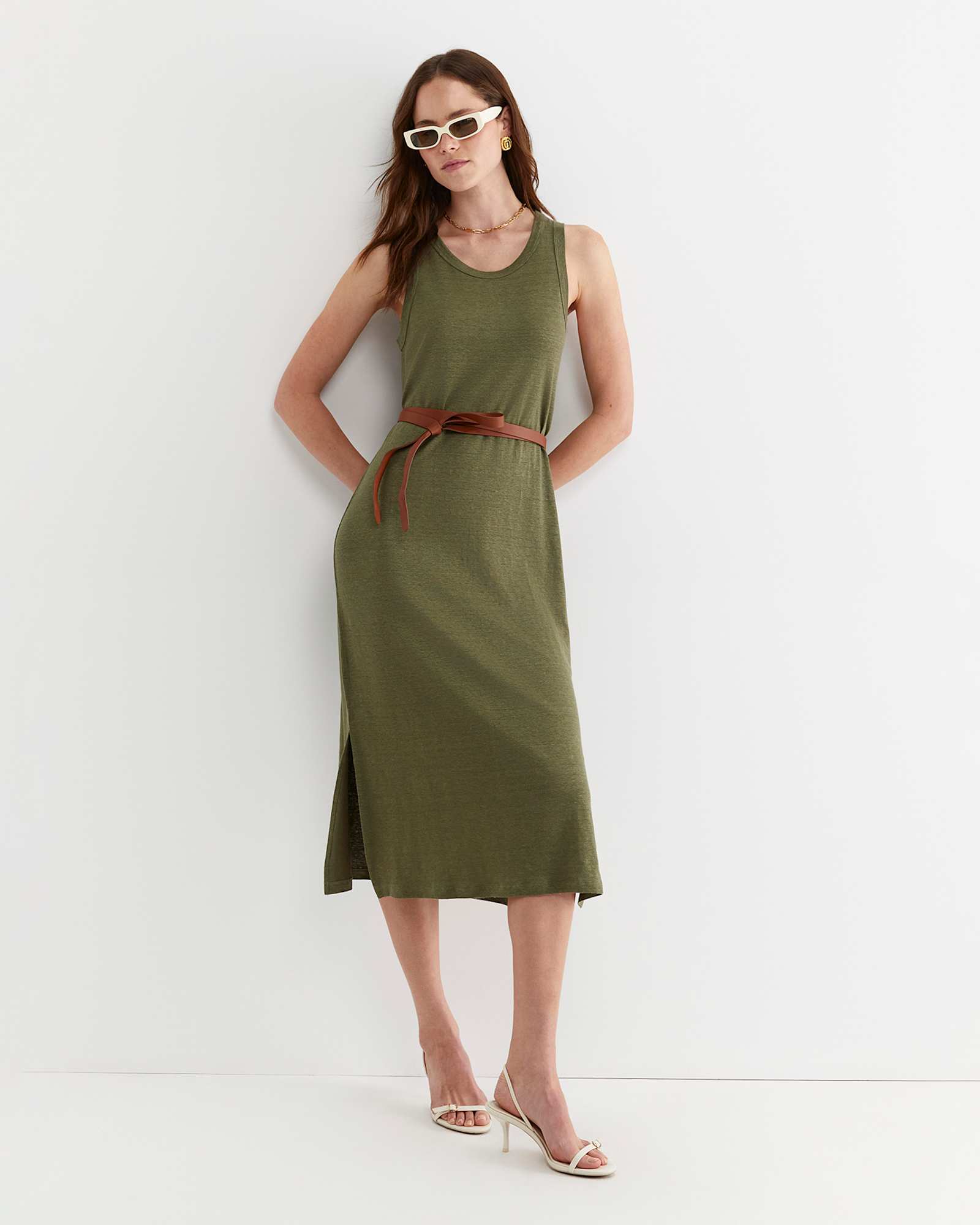 Tonia Linen Tank Midi Dress in KHAKI