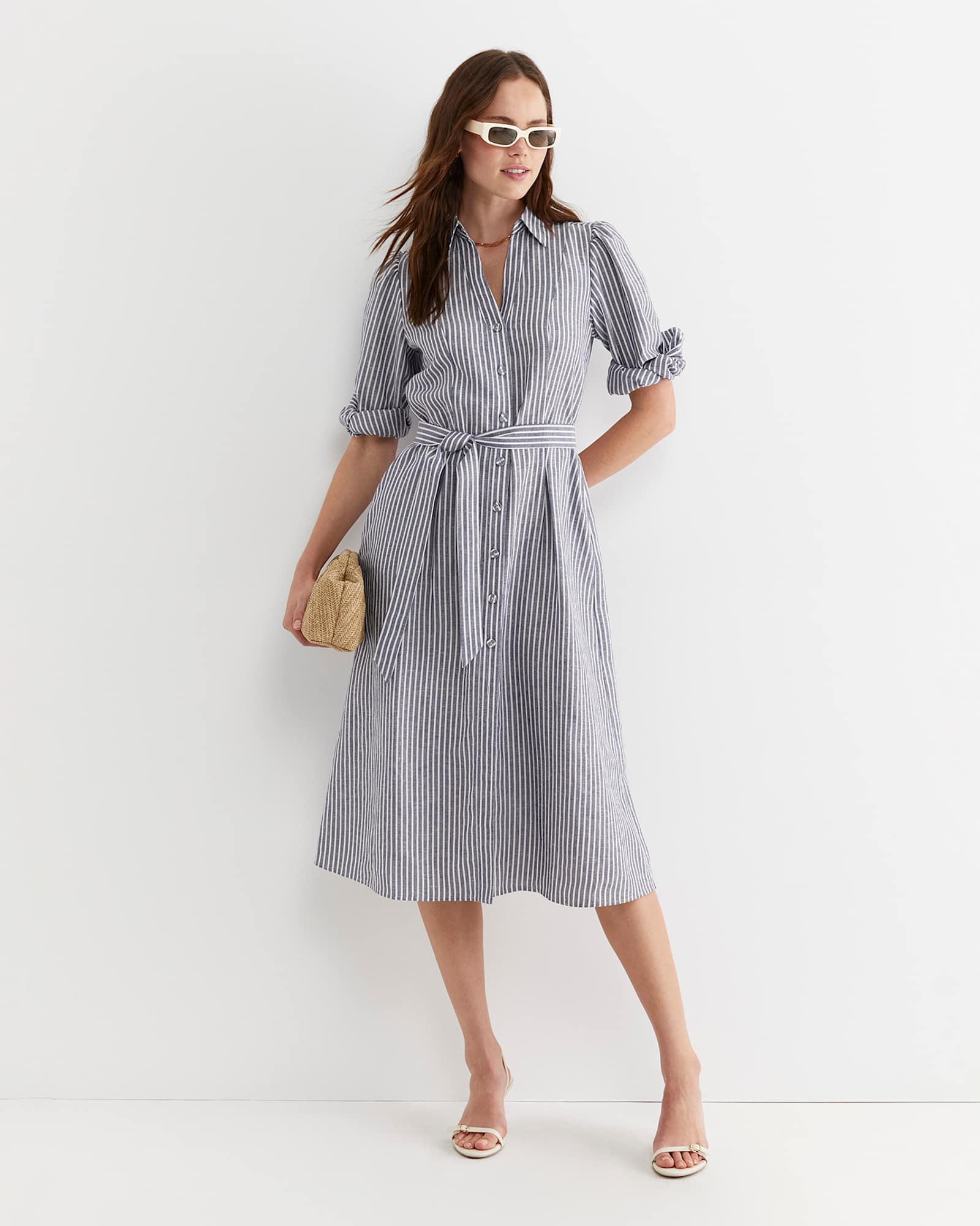Amelia Stripe Midi Dress in NAVY/WHITE