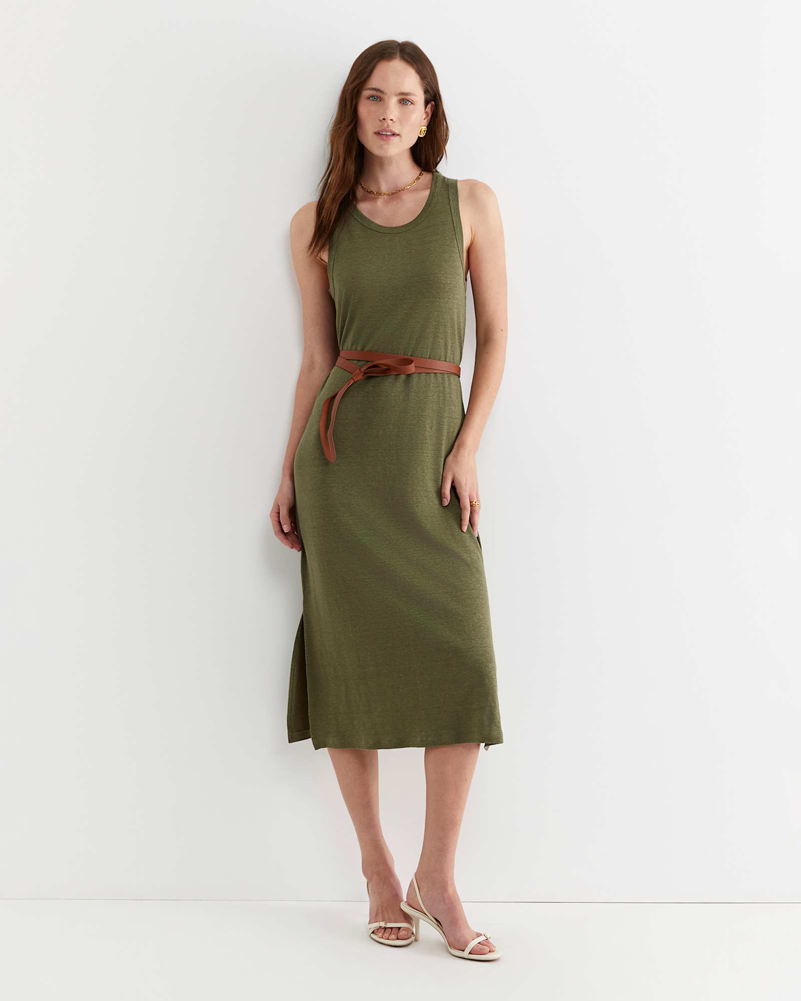 Tonia Linen Tank Midi Dress in KHAKI