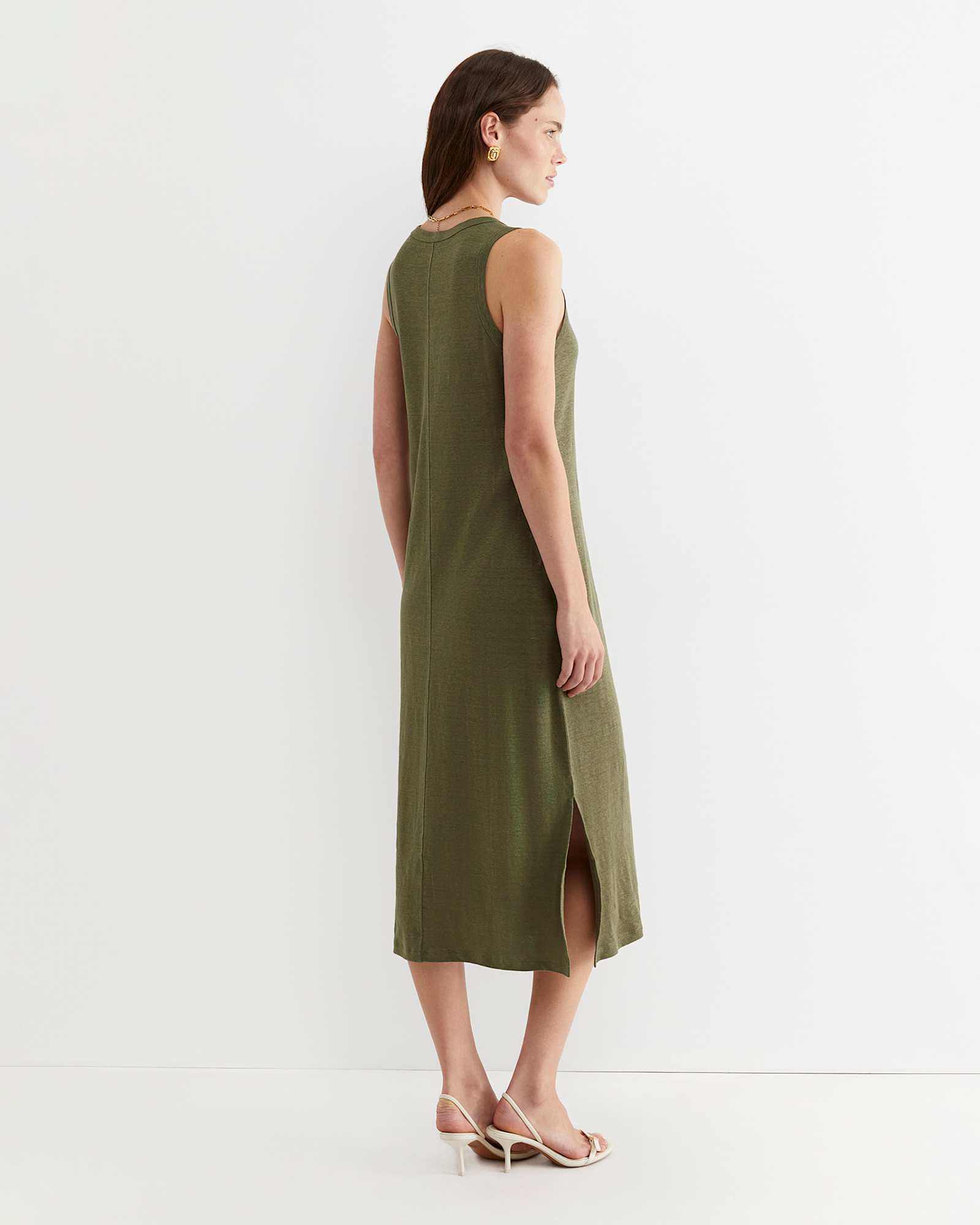Tonia Linen Tank Midi Dress in KHAKI